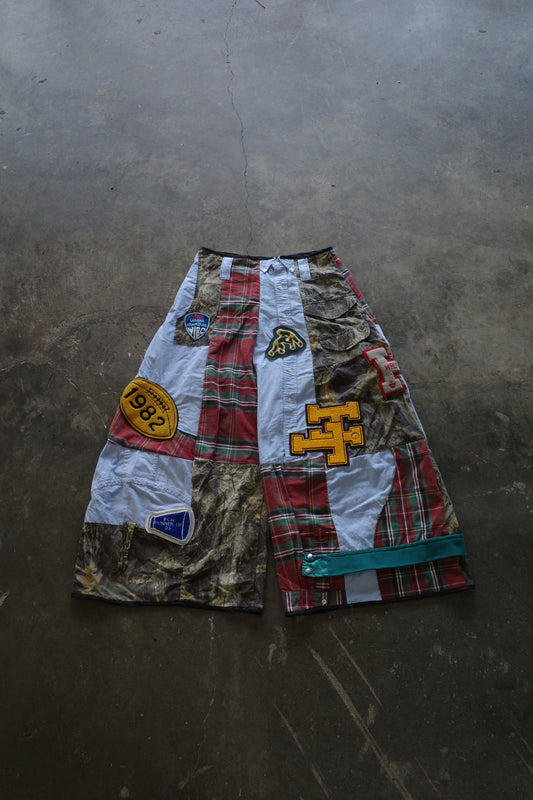 Wide Legged Patched Pants(L) /  made with vintage mens striped shirt w vintage patches