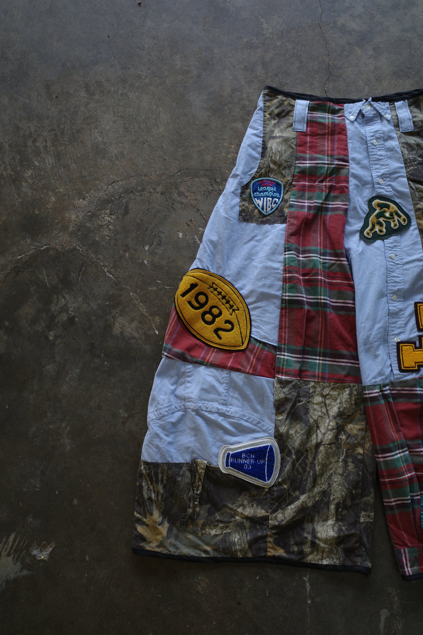 Wide Legged Patched Pants(L) /  made with vintage mens striped shirt w vintage patches