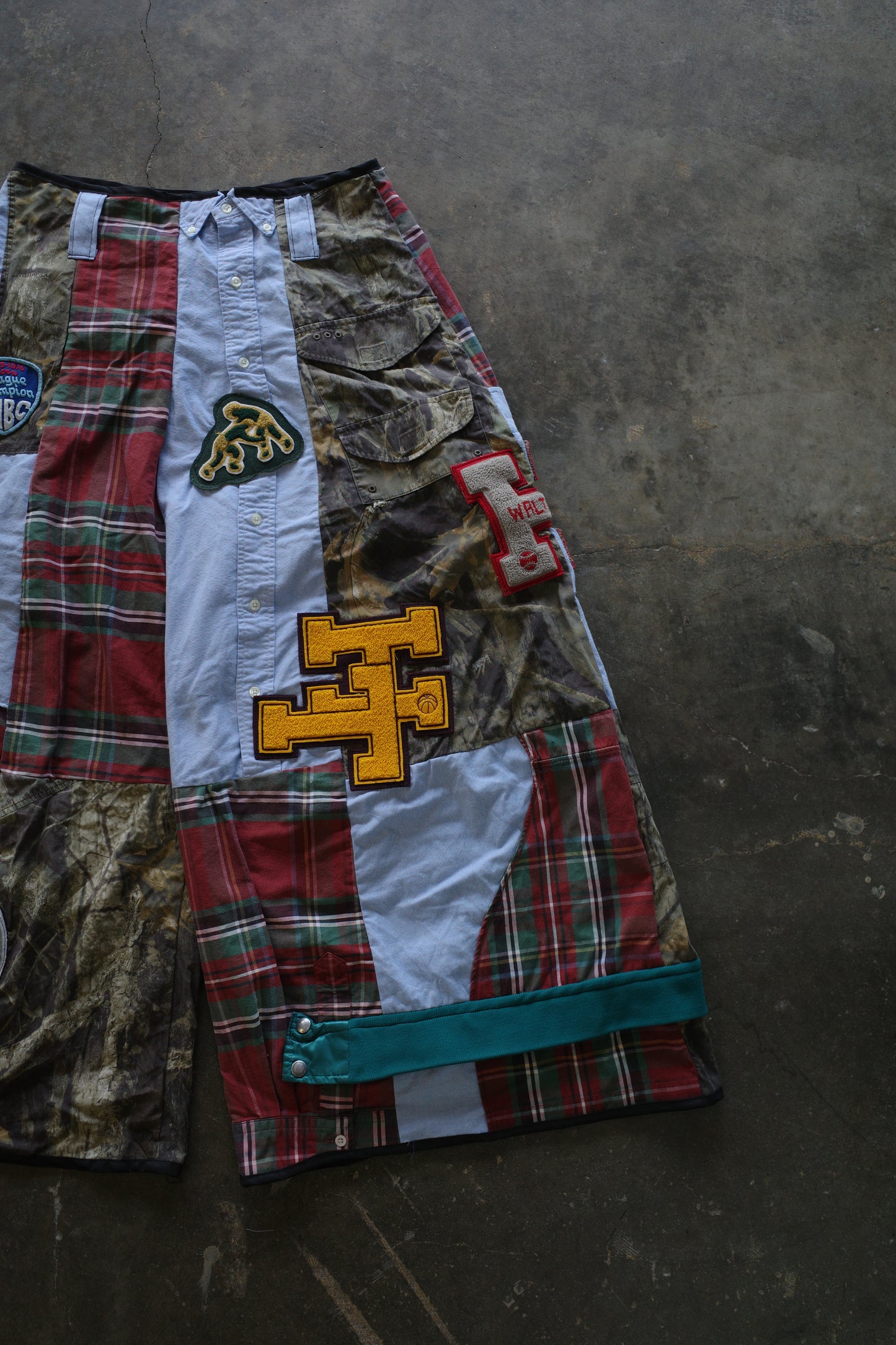 Wide Legged Patched Pants(L) /  made with vintage mens striped shirt w vintage patches