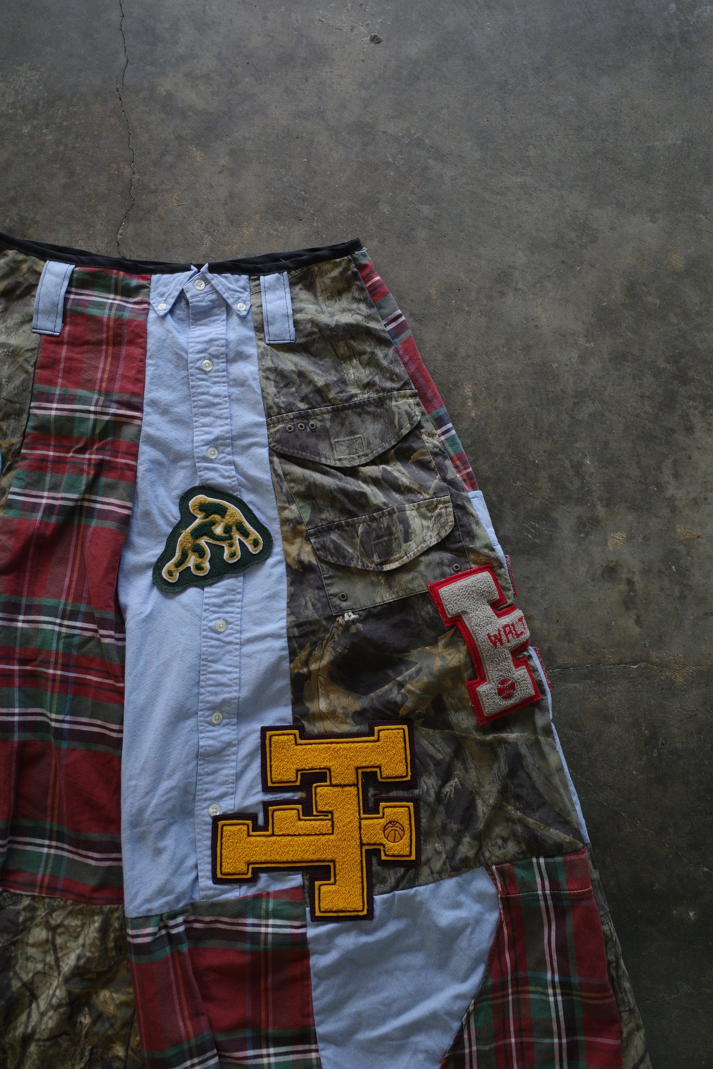 Wide Legged Patched Pants(L) /  made with vintage mens striped shirt w vintage patches