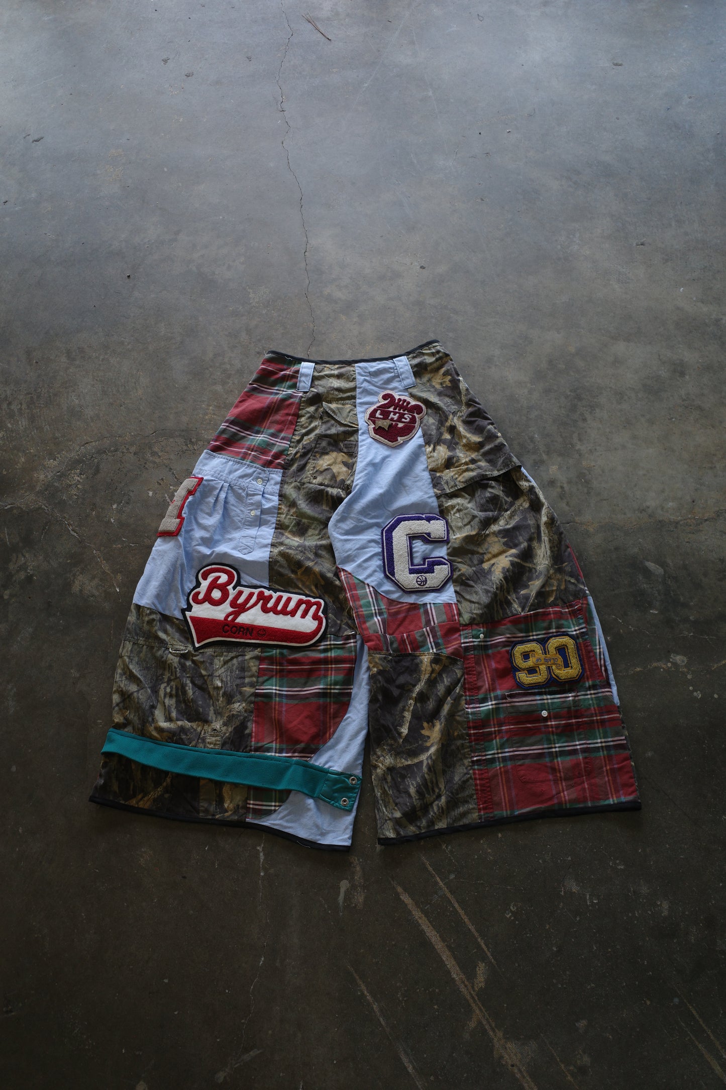 Wide Legged Patched Pants(L) /  made with vintage mens striped shirt w vintage patches