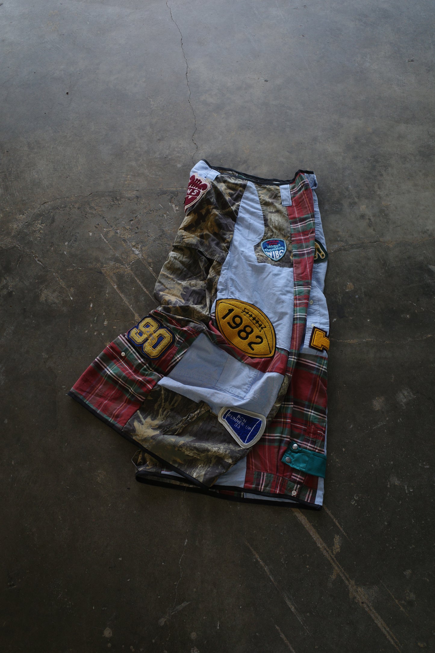 Wide Legged Patched Pants(L) /  made with vintage mens striped shirt w vintage patches