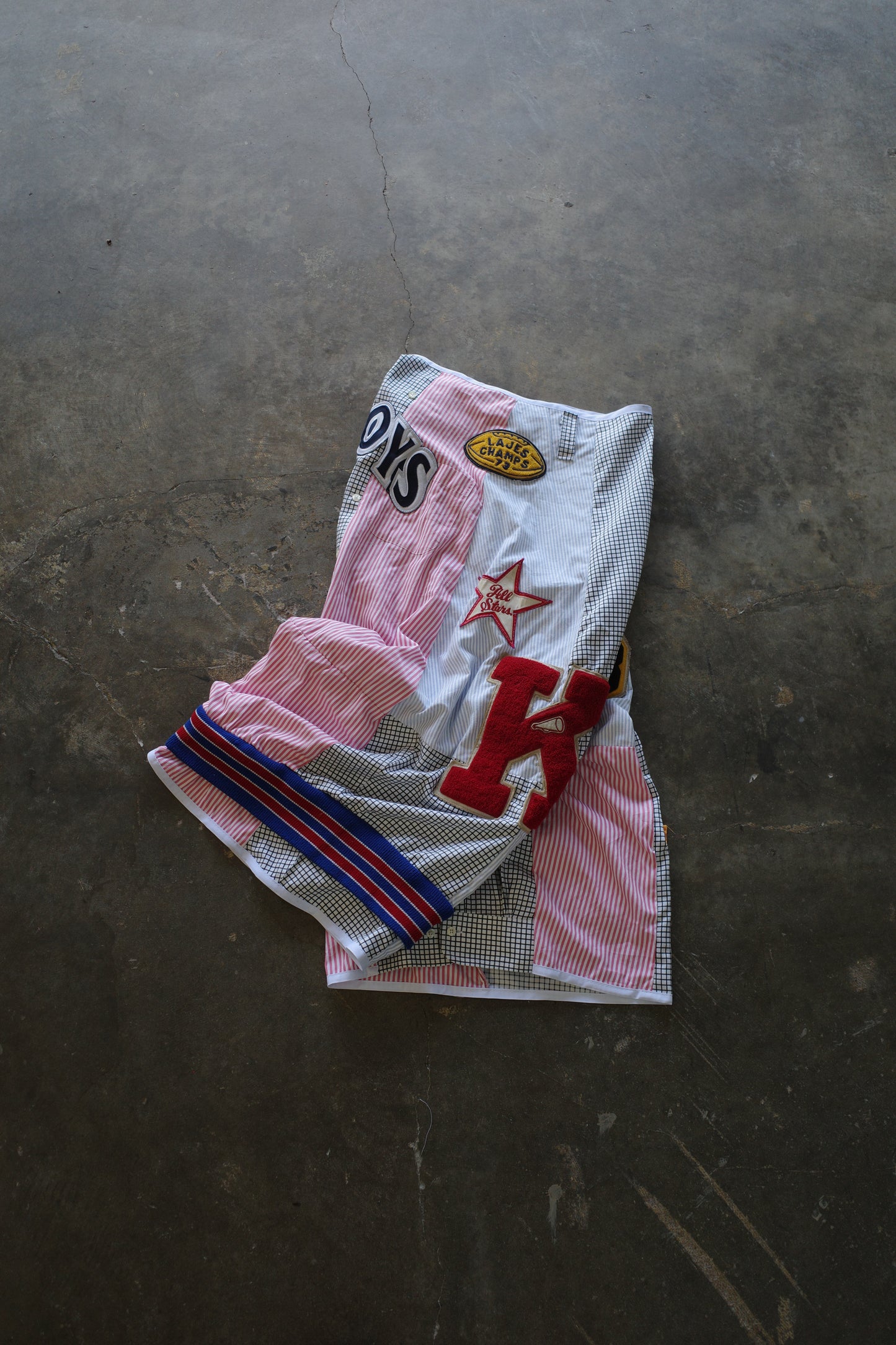 Wide Legged Patched Pants(S) /  made with vintage mens striped shirt w vintage patches