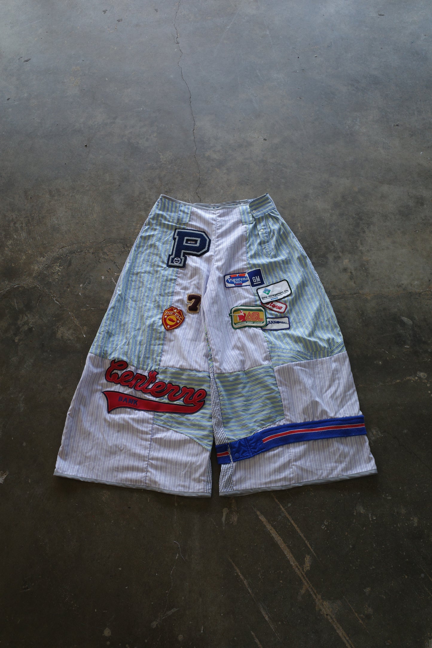 Wide Legged Patched Pants(L) /  made with vintage mens striped shirt w vintage patches
