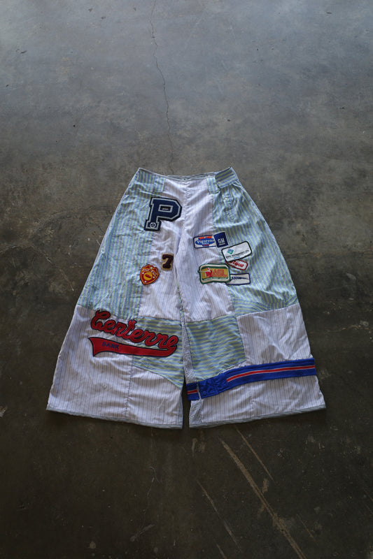 Wide Legged Patched Pants(L) /  made with vintage mens striped shirt w vintage patches