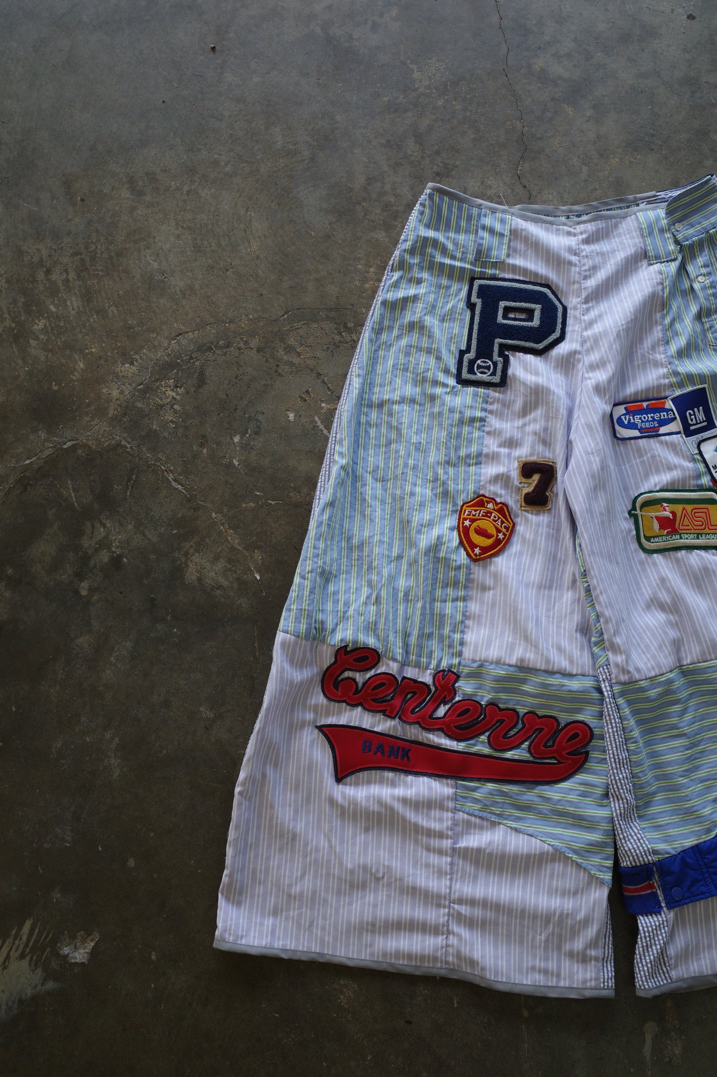 Wide Legged Patched Pants(L) /  made with vintage mens striped shirt w vintage patches