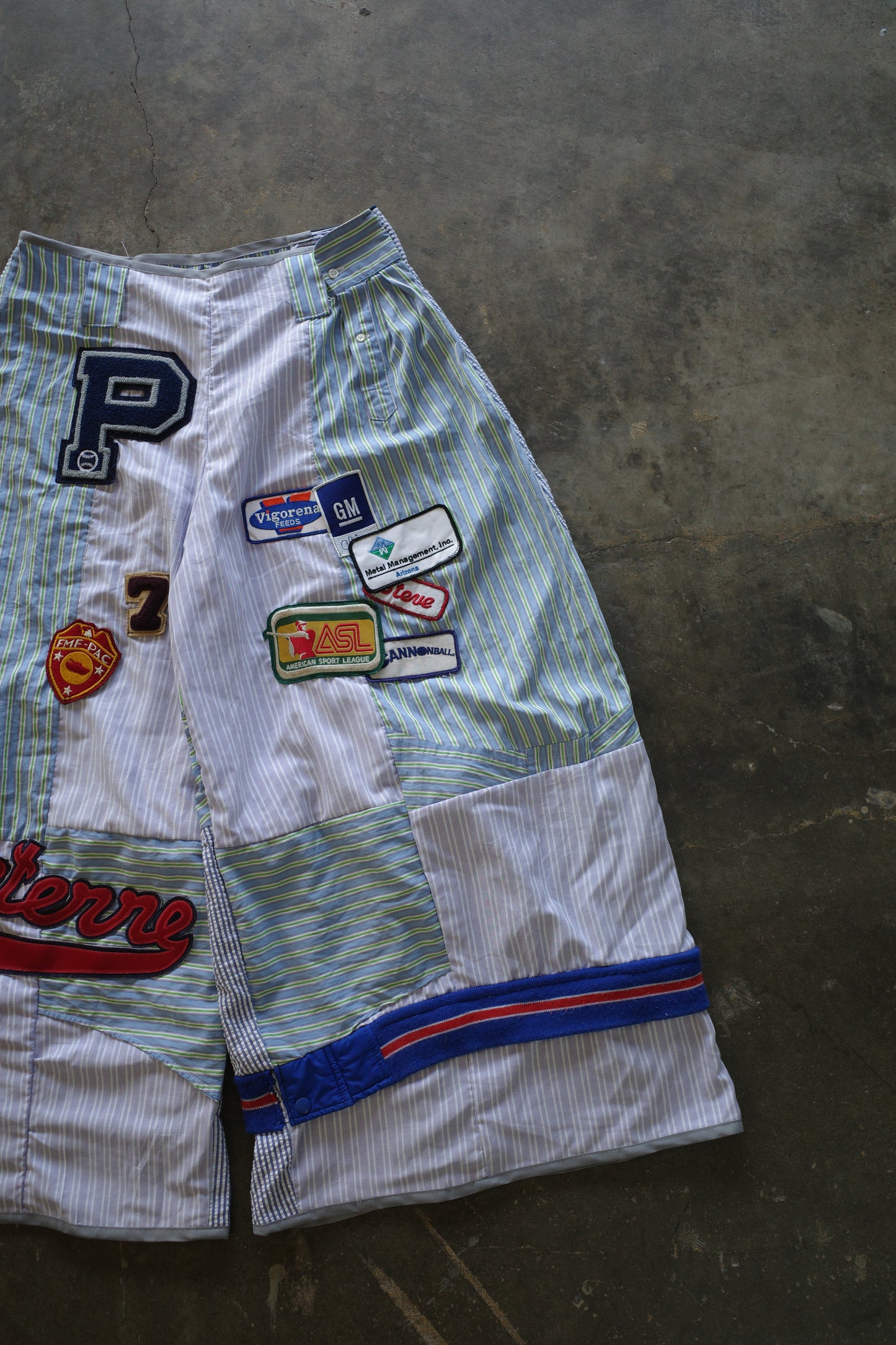 Wide Legged Patched Pants(L) /  made with vintage mens striped shirt w vintage patches