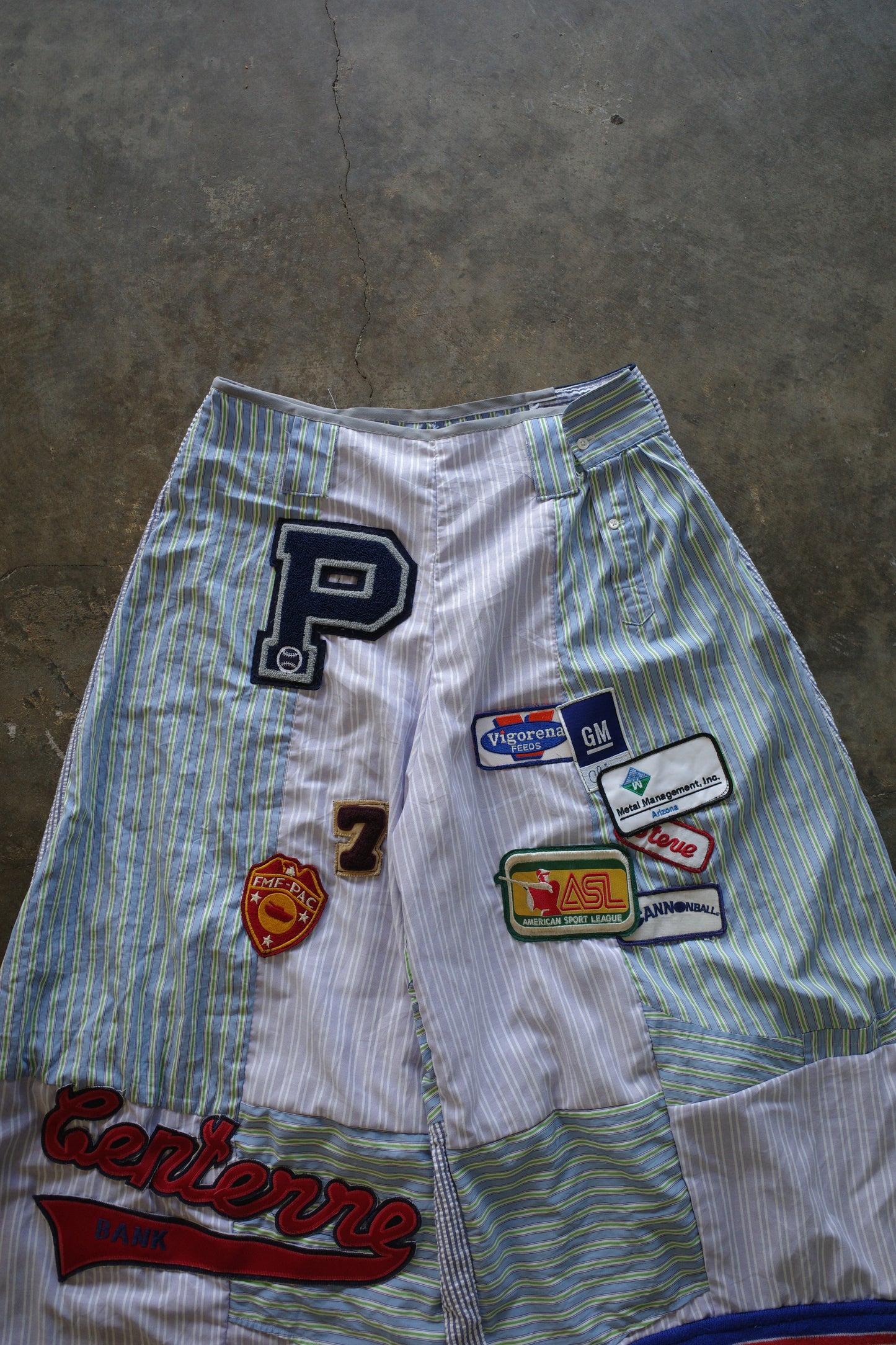 Wide Legged Patched Pants(L) /  made with vintage mens striped shirt w vintage patches