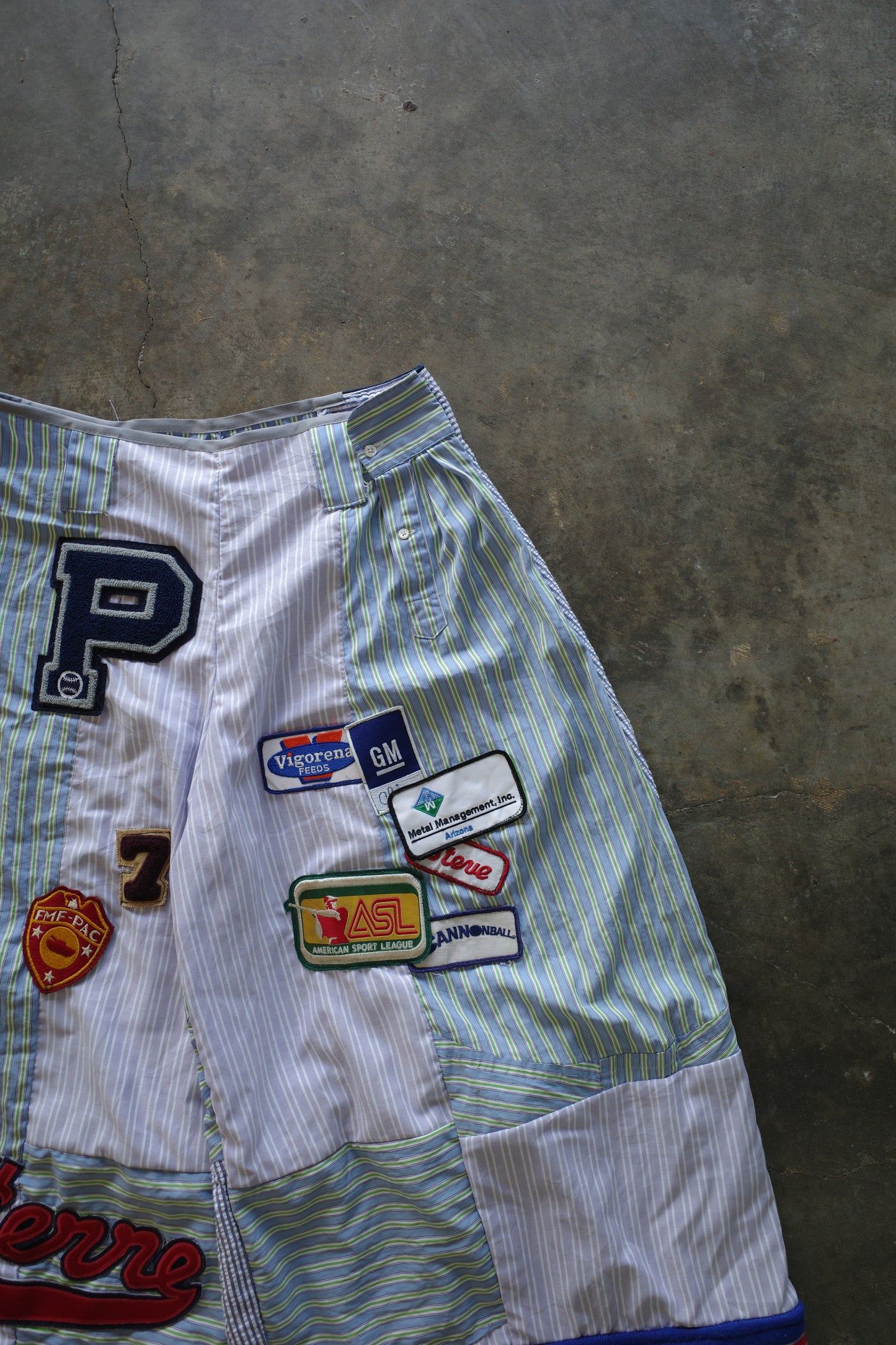 Wide Legged Patched Pants(L) /  made with vintage mens striped shirt w vintage patches