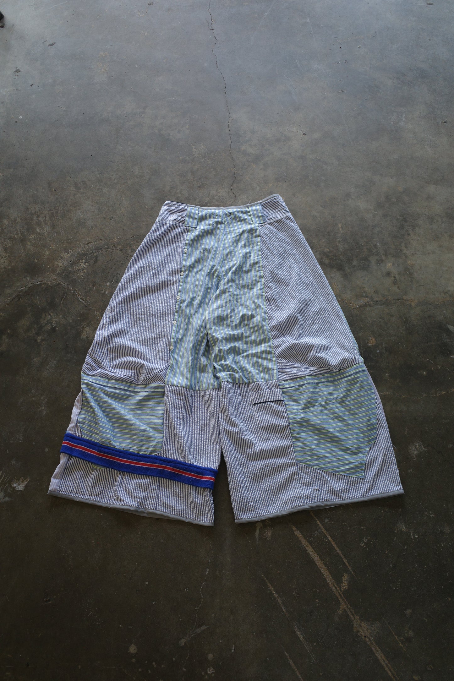 Wide Legged Patched Pants(L) /  made with vintage mens striped shirt w vintage patches