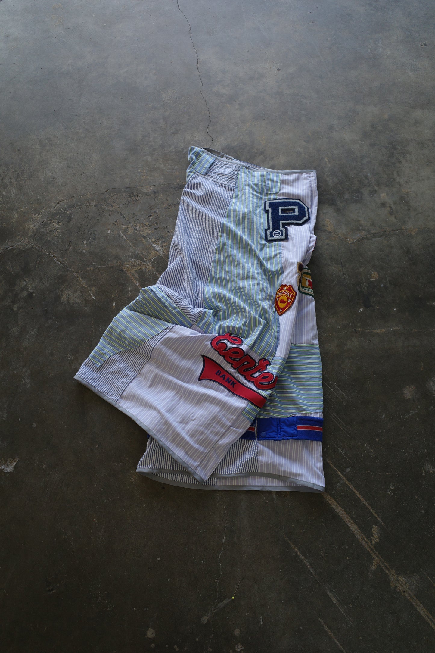 Wide Legged Patched Pants(L) /  made with vintage mens striped shirt w vintage patches