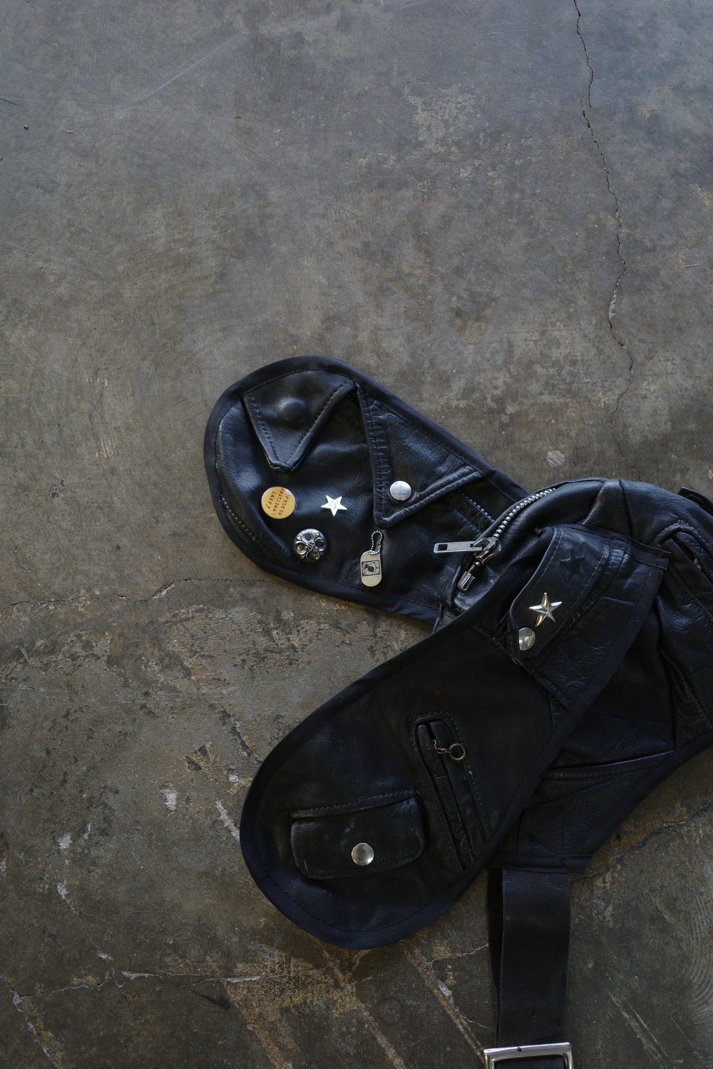 nag nag Bunny Ear Hat made with vintage Leather biker jacket w vintage pins