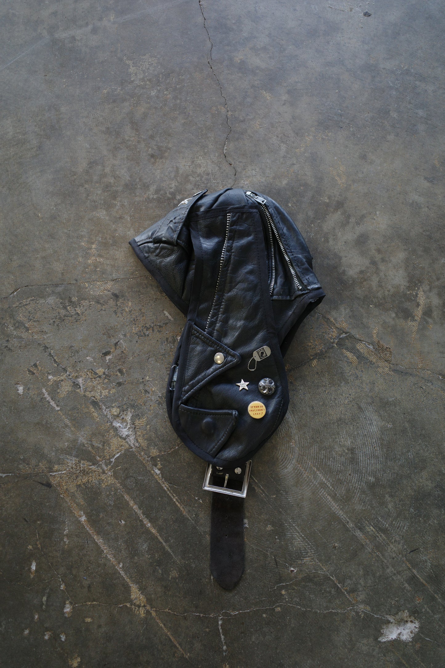 nag nag Bunny Ear Hat made with vintage Leather biker jacket w vintage pins