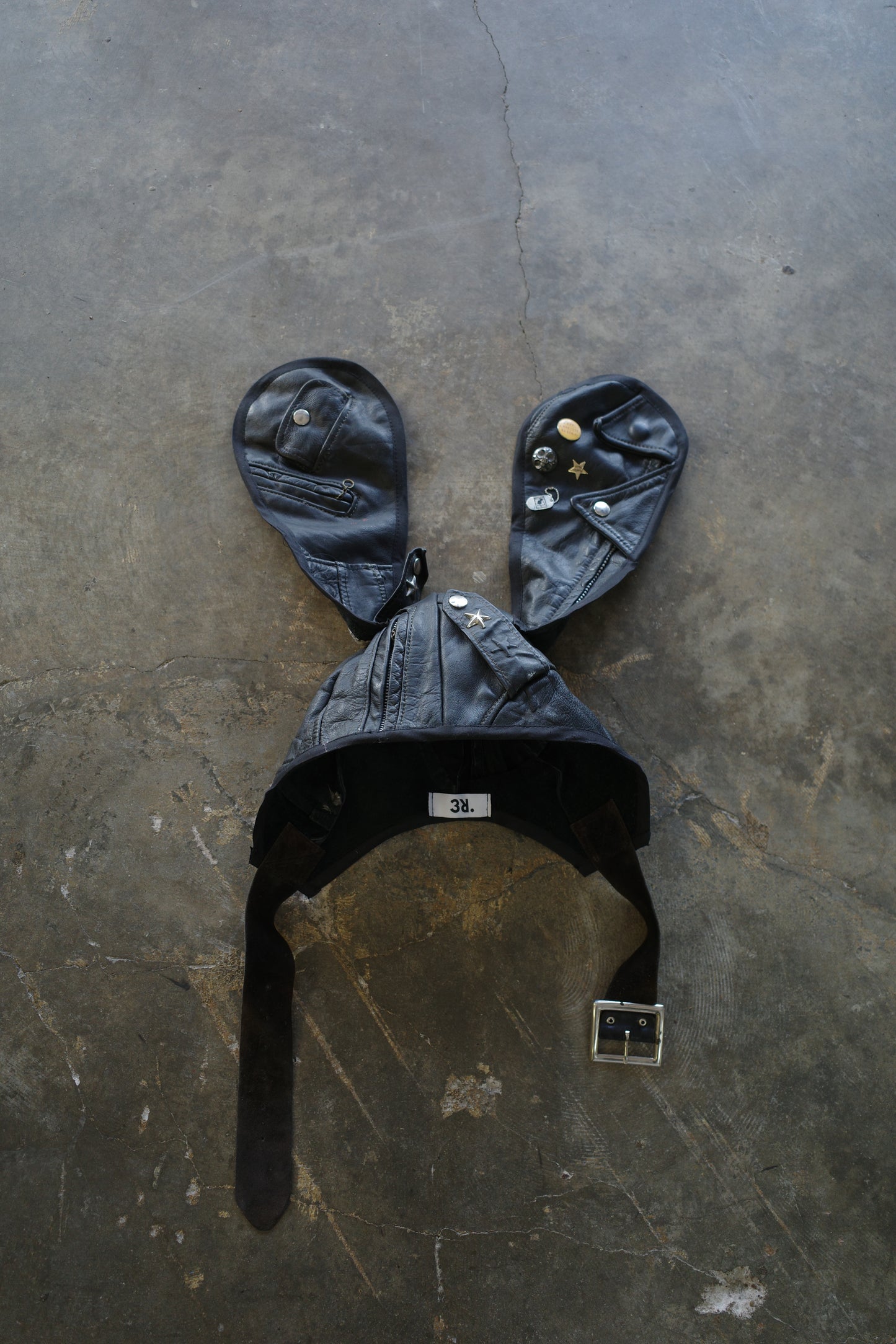 nag nag Bunny Ear Hat made with vintage Leather biker jacket w vintage pins