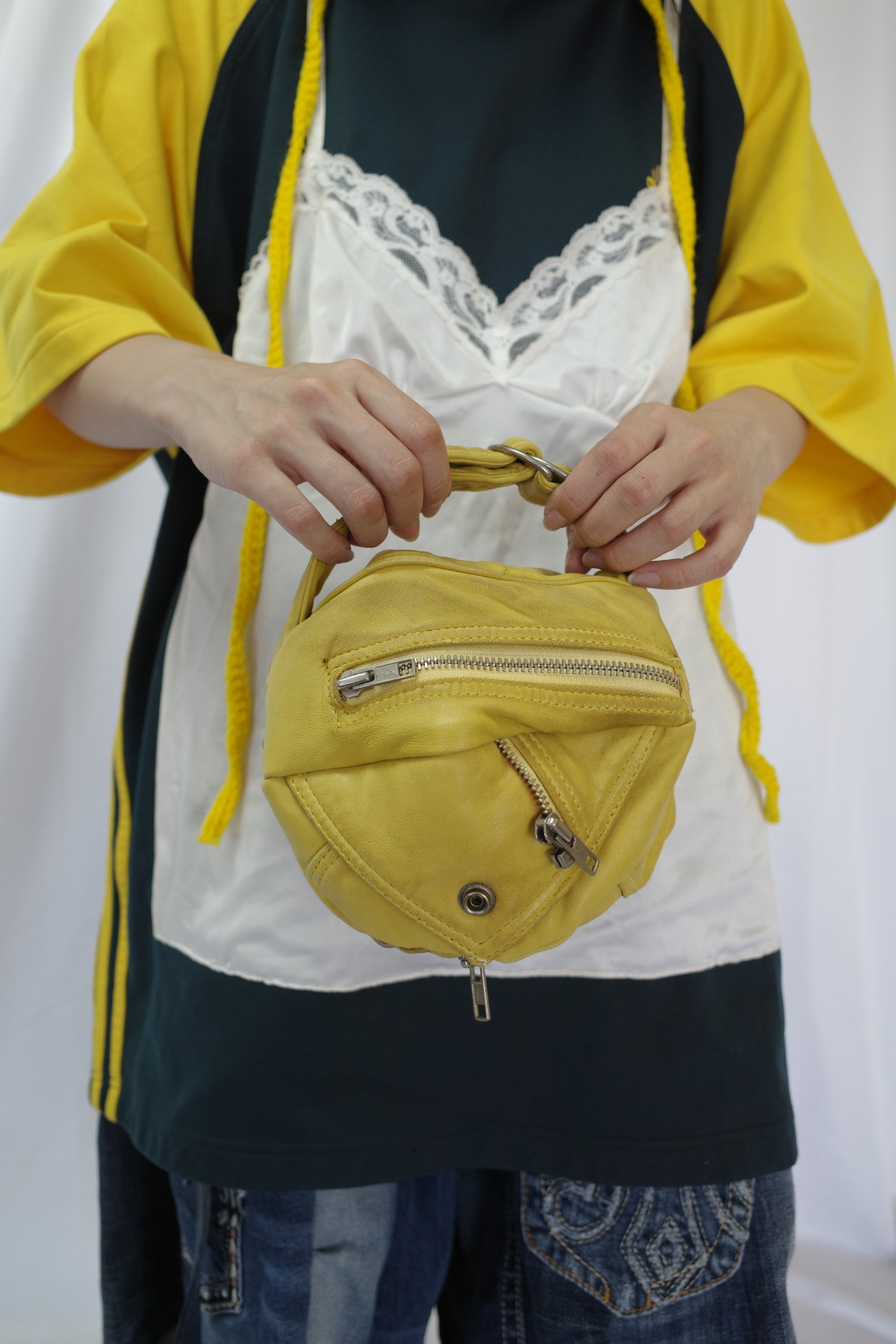 Ball Bag (S)made w vintage Yellow Leather biker jacket