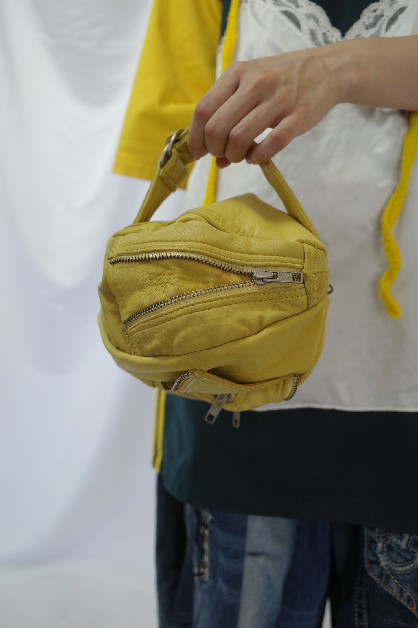 Ball Bag (S)made w vintage Yellow Leather biker jacket