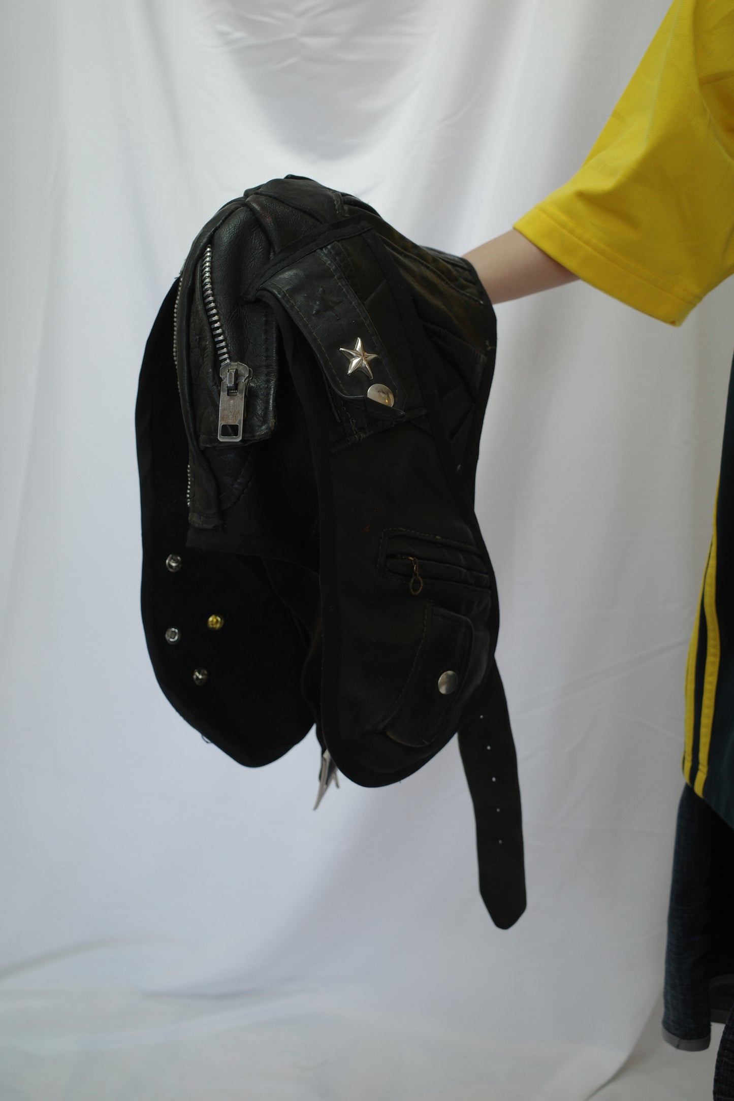 nag nag Bunny Ear Hat made with vintage Leather biker jacket w vintage pins