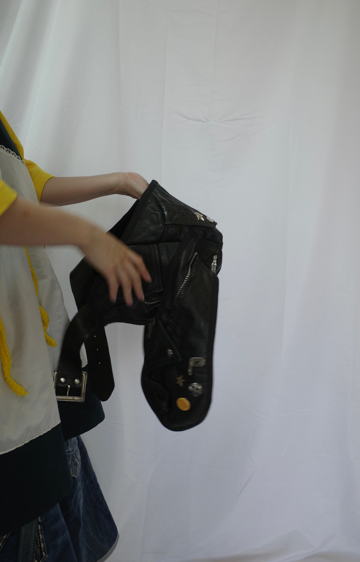 nag nag Bunny Ear Hat made with vintage Leather biker jacket w vintage pins