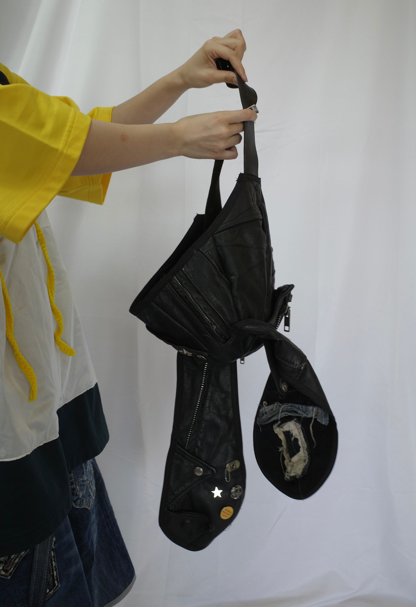 nag nag Bunny Ear Hat made with vintage Leather biker jacket w vintage pins