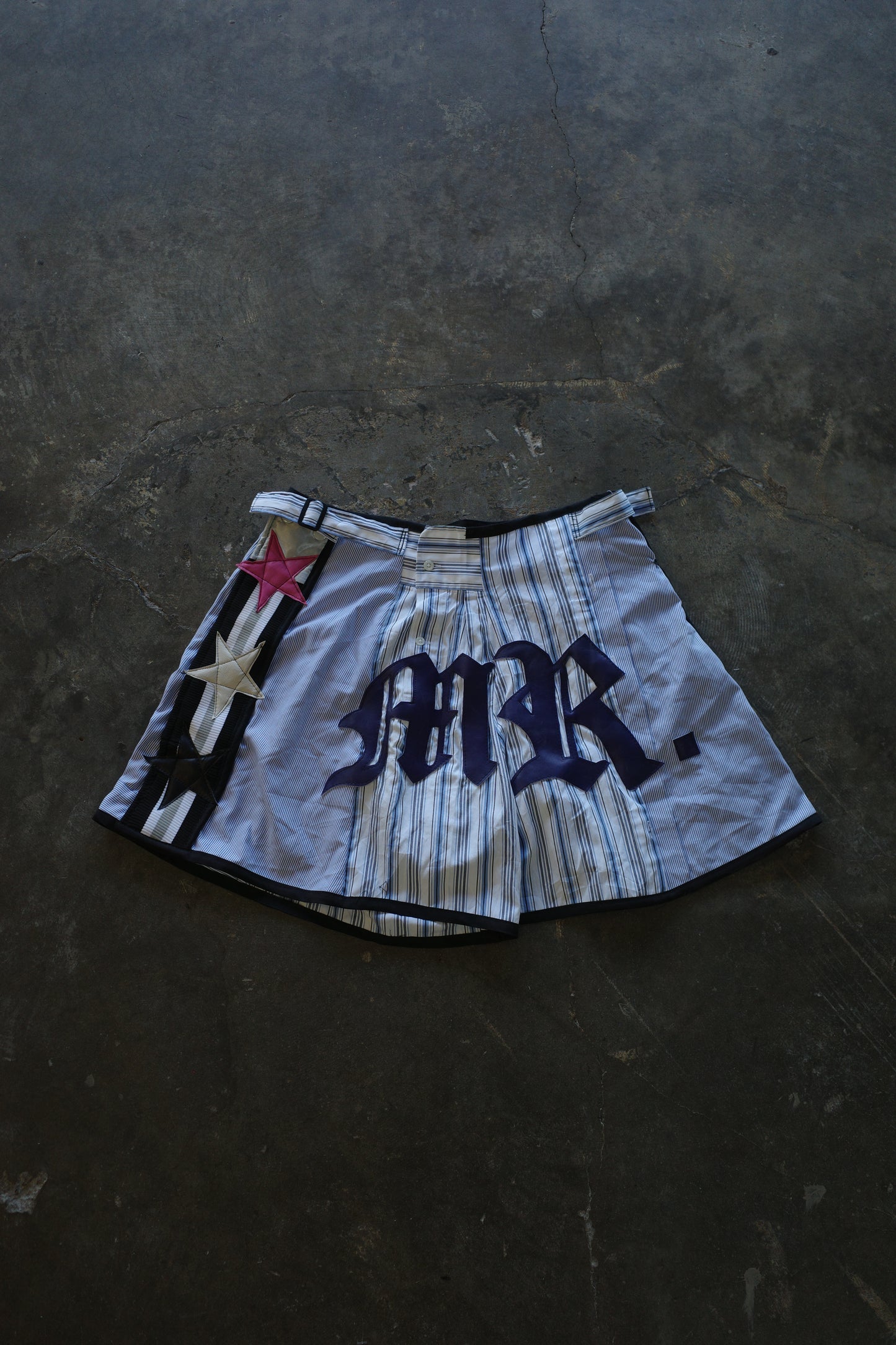 "The MR.Shorts"made with vintage stripe shirt & 3R. original leather patch