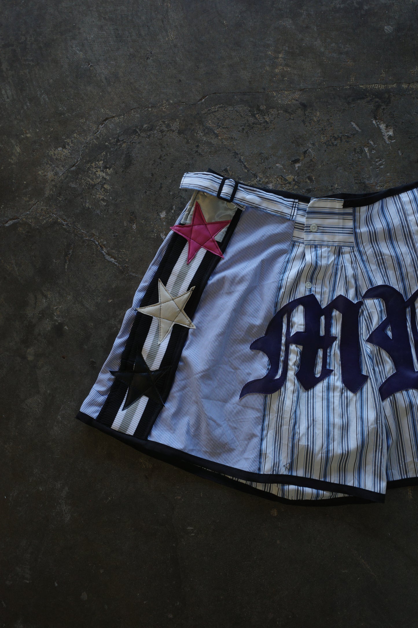 "The MR.Shorts"made with vintage stripe shirt & 3R. original leather patch