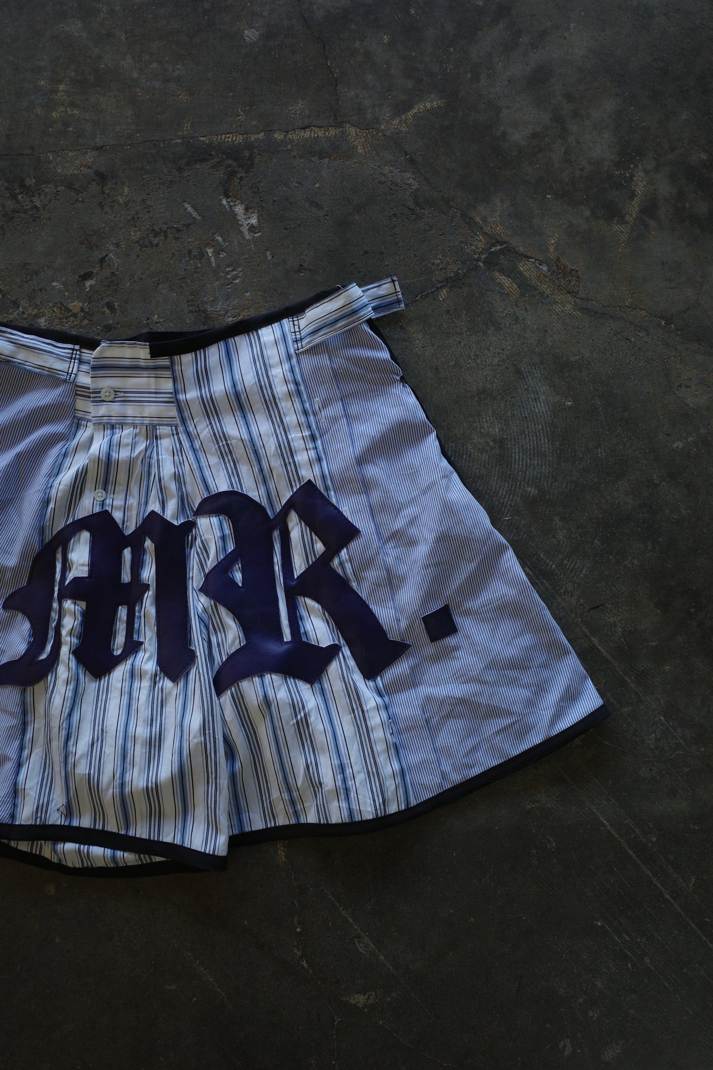 "The MR.Shorts"made with vintage stripe shirt & 3R. original leather patch