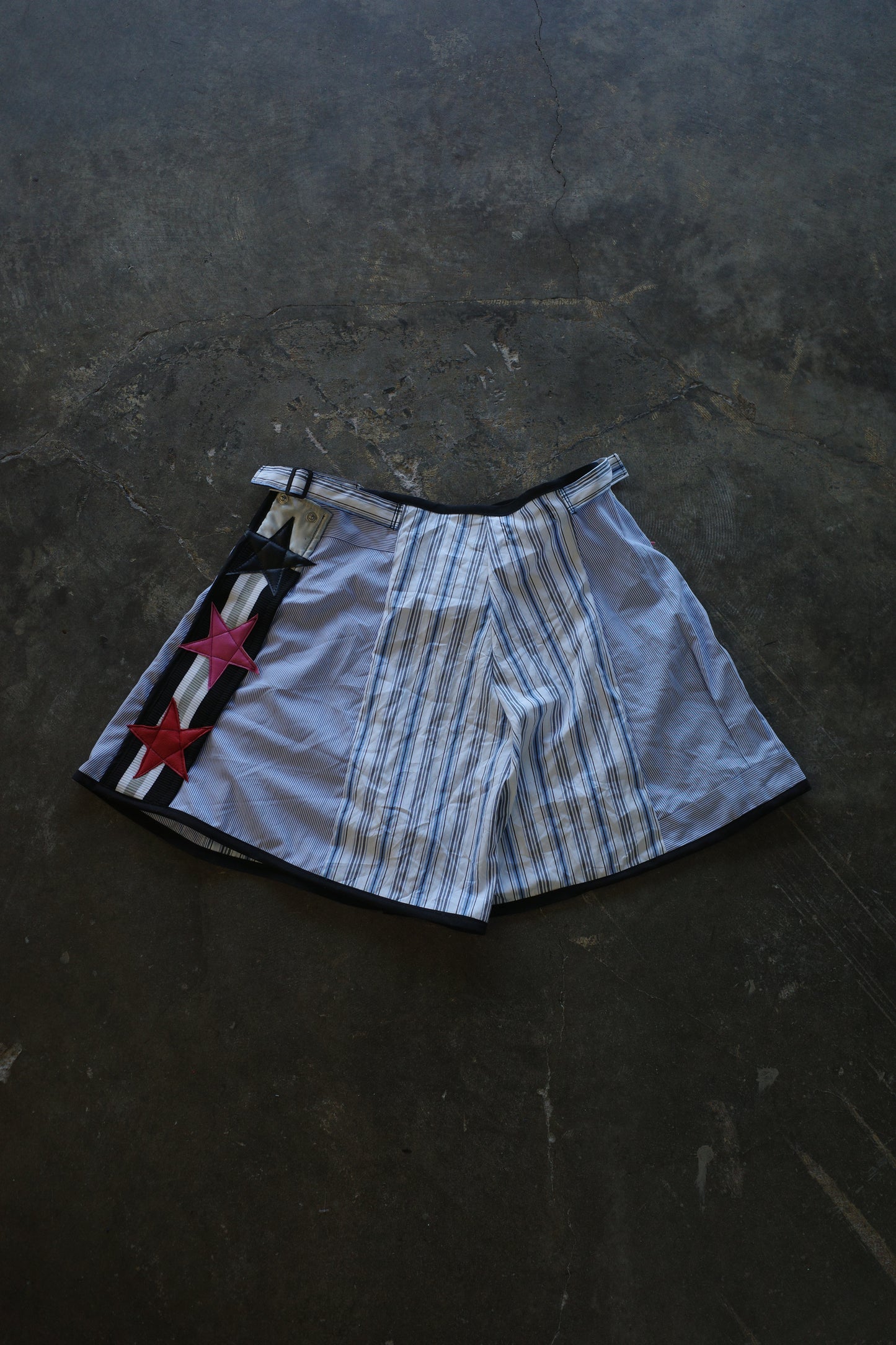"The MR.Shorts"made with vintage stripe shirt & 3R. original leather patch