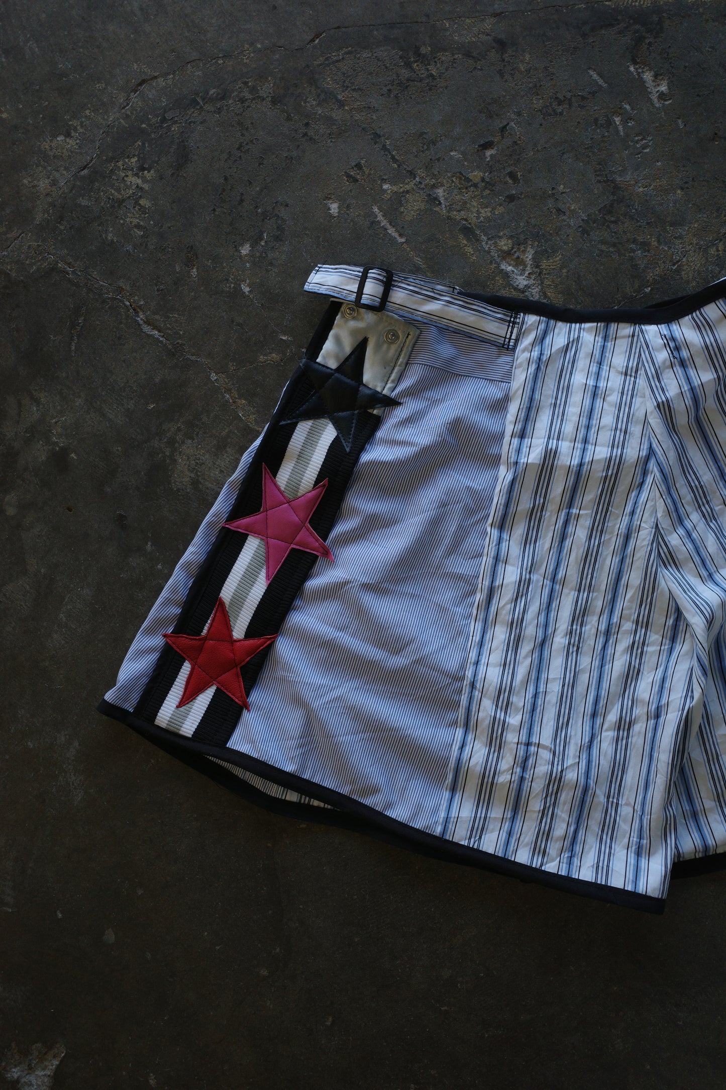 "The MR.Shorts"made with vintage stripe shirt & 3R. original leather patch