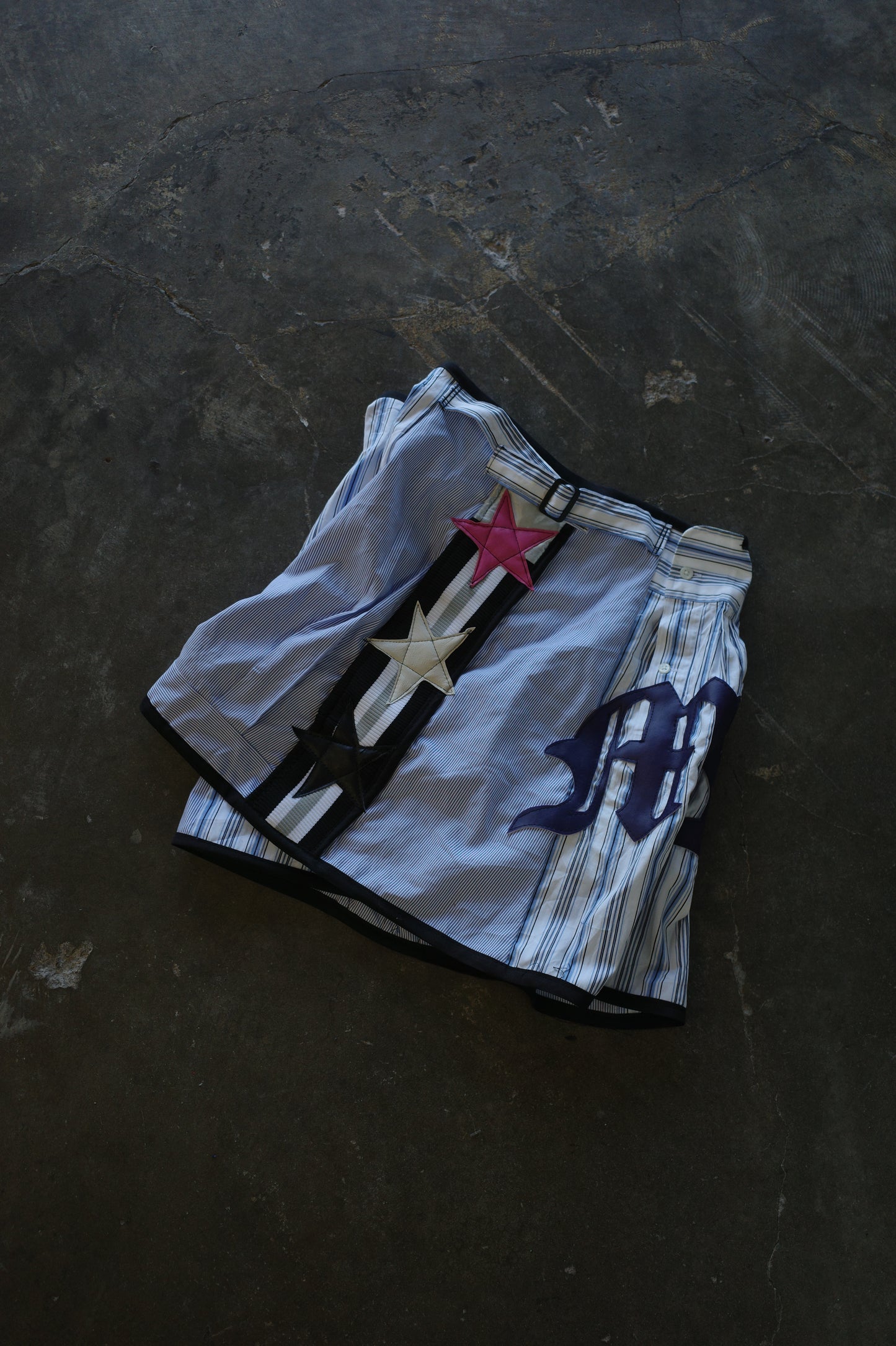 "The MR.Shorts"made with vintage stripe shirt & 3R. original leather patch