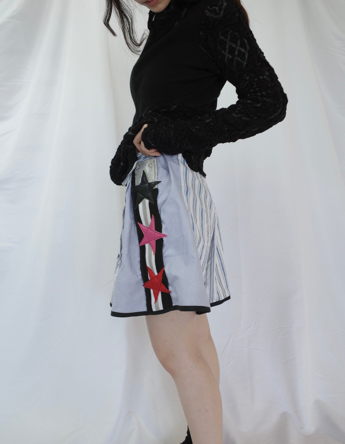 "The MR.Shorts"made with vintage stripe shirt & 3R. original leather patch