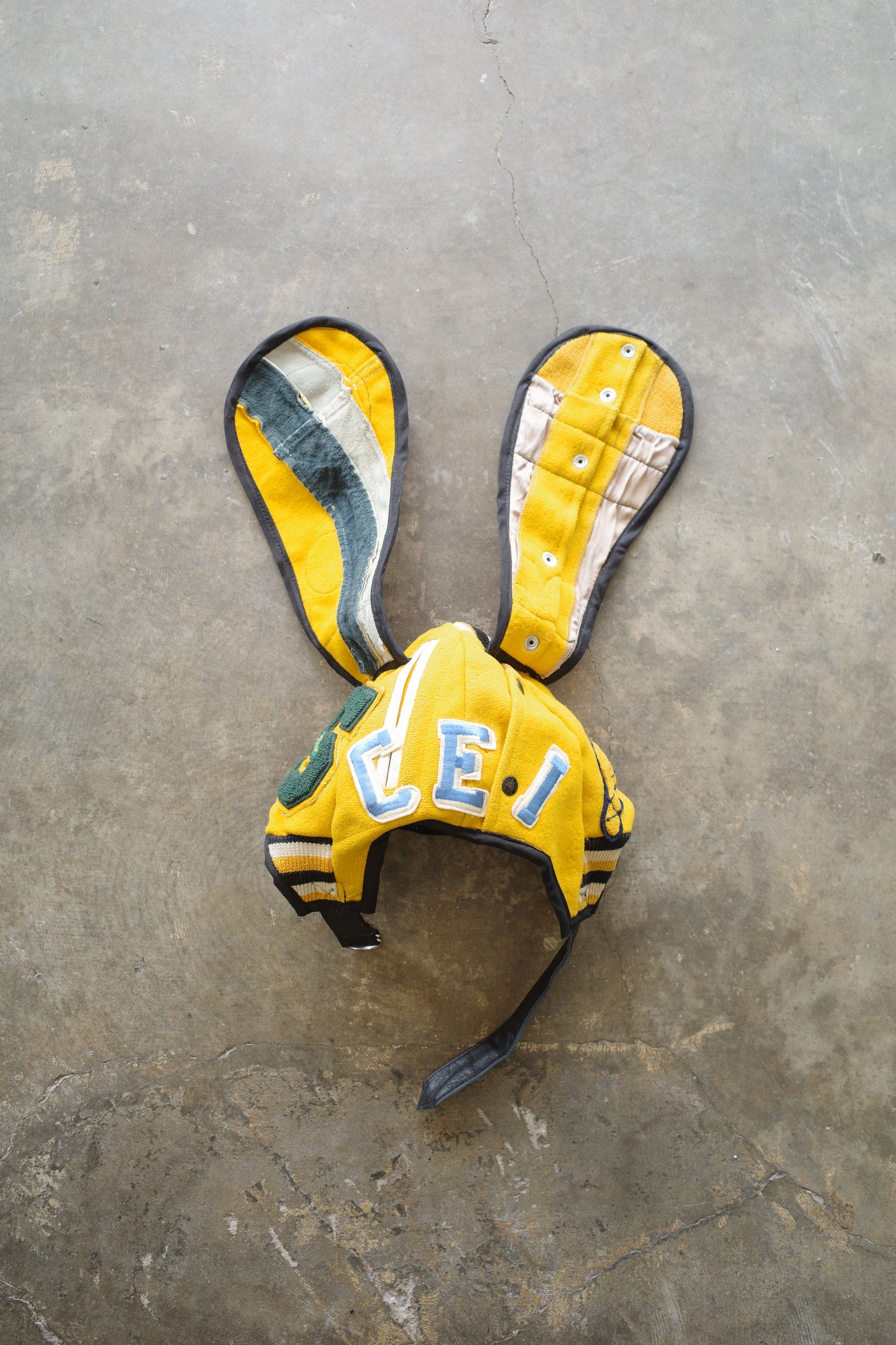 nag nag Bunny Ear Hat made with vintage Varsity Jacket and Patches