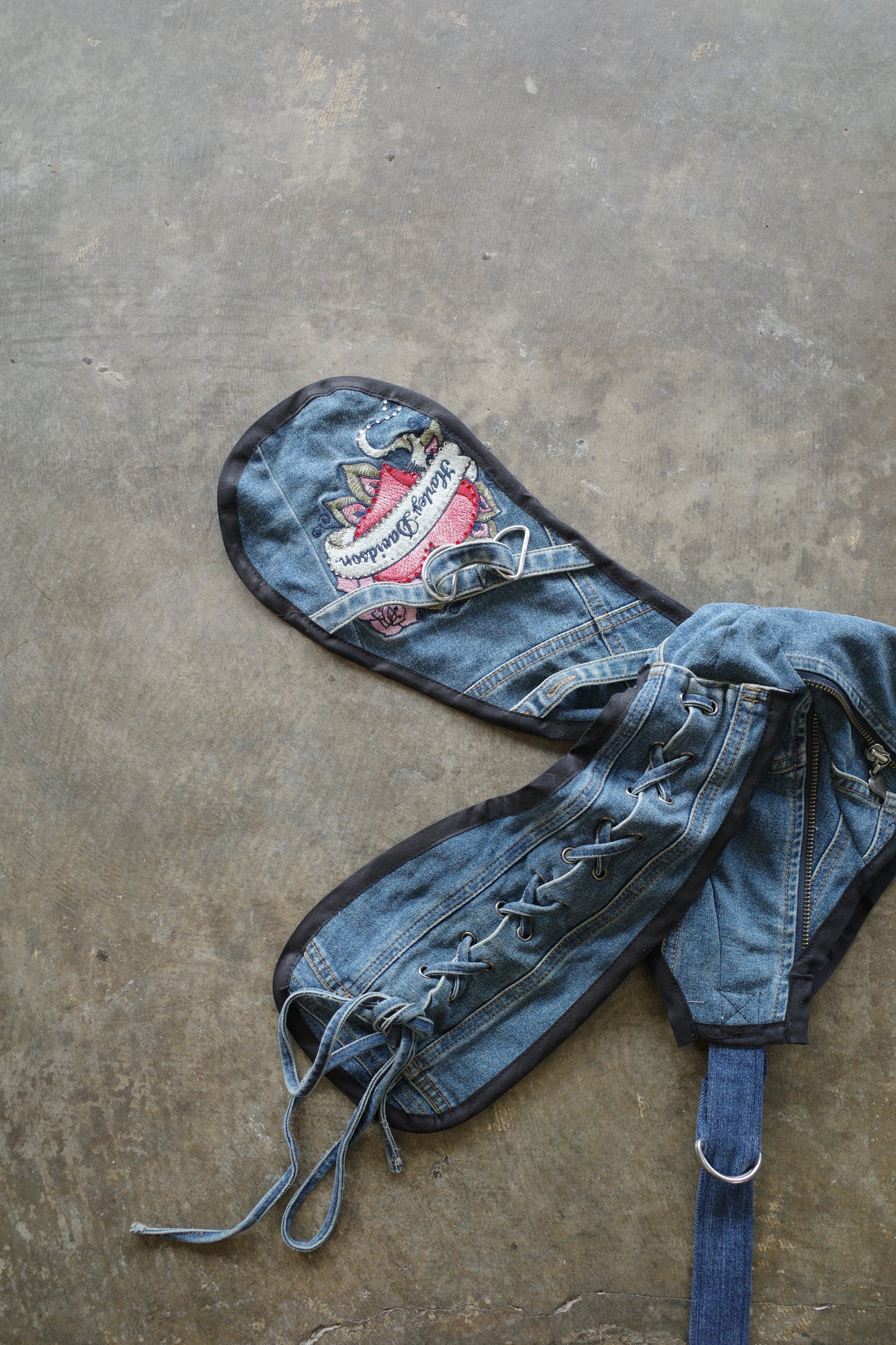 nag nag Bunny Ear Hat made with vintage  Harley Davidson denim racing jacket