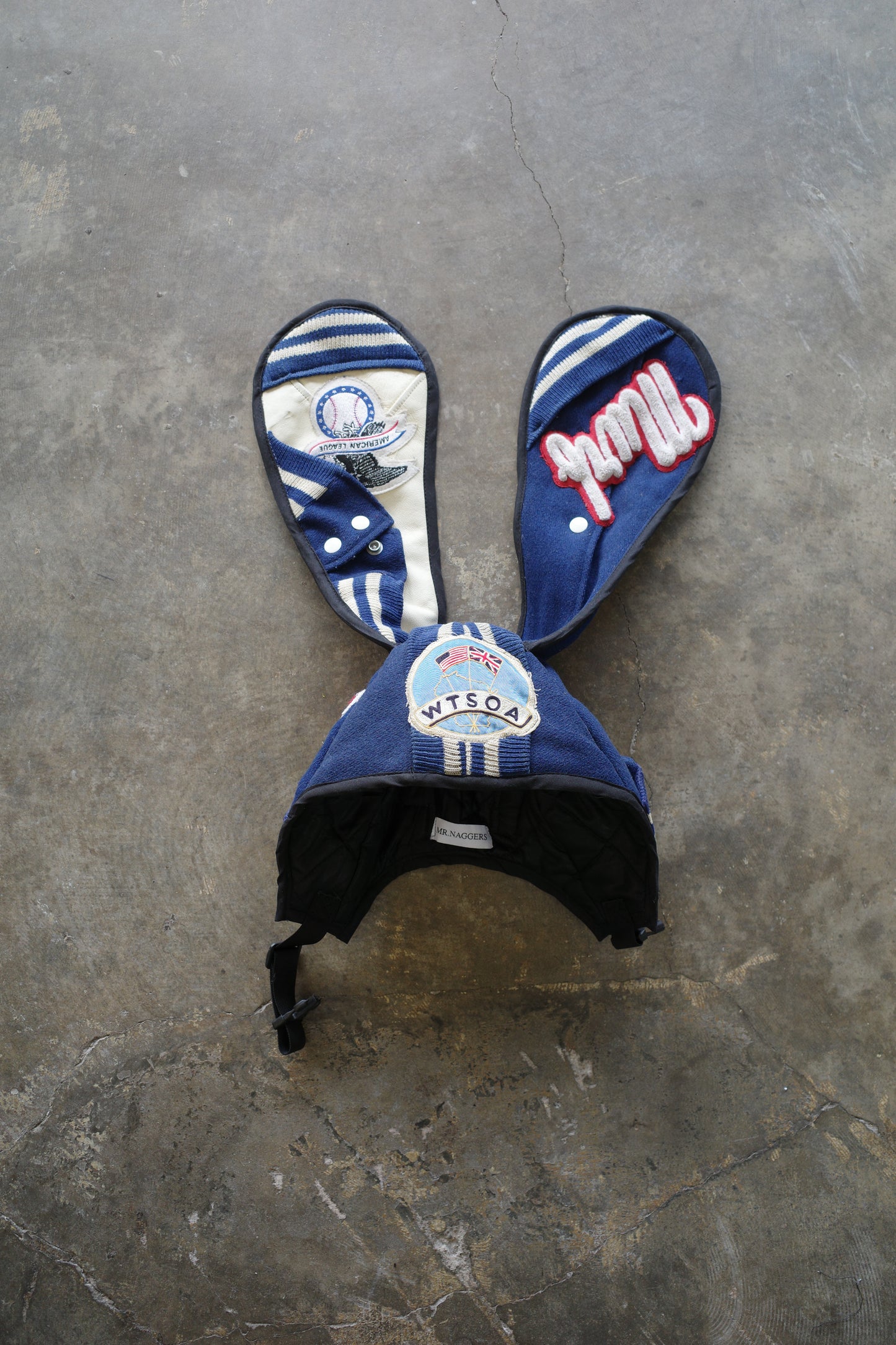 nag nag Bunny Ear Hat made with vintage Varsity Jacket and Patches