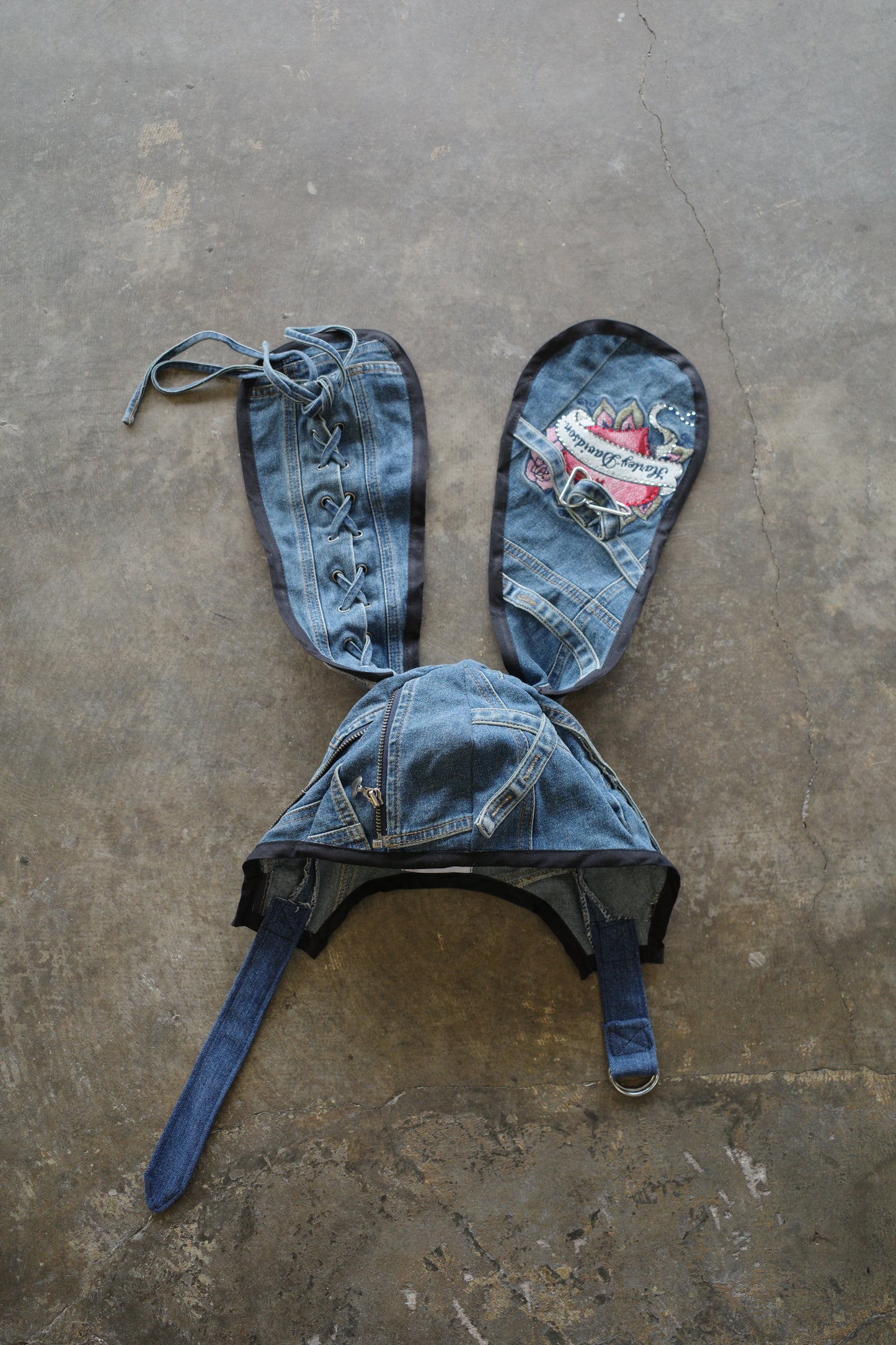 nag nag Bunny Ear Hat made with vintage  Harley Davidson denim racing jacket
