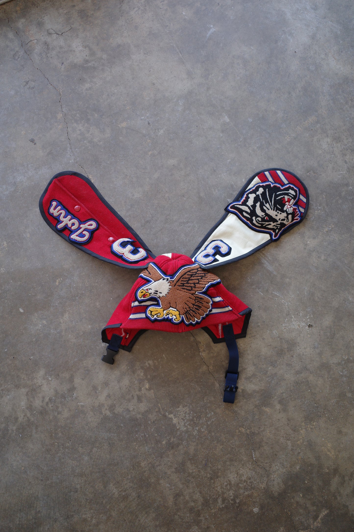nag nag Bunny Ear Hat made with 60s vintage varsity jacket and patches
