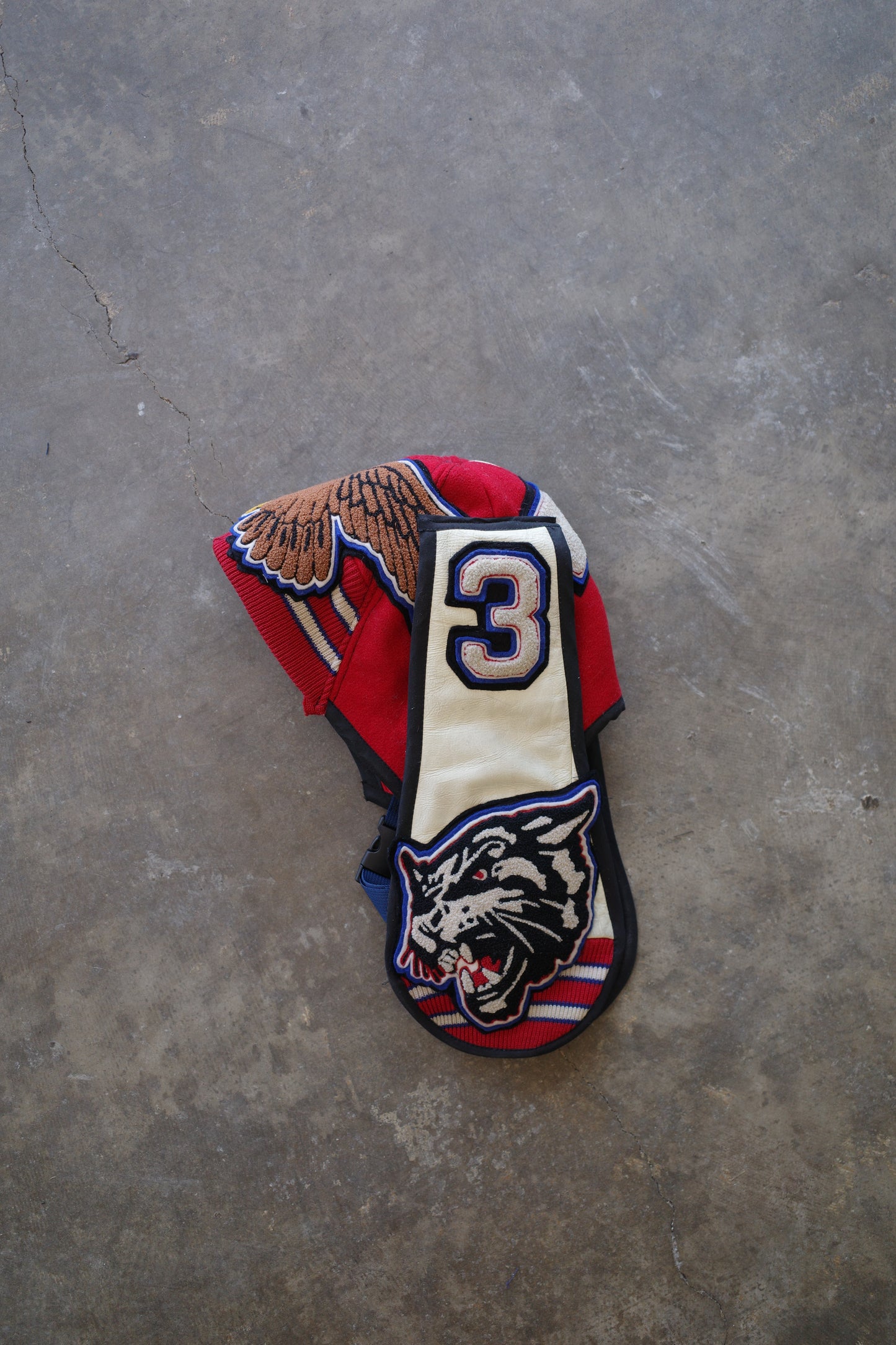 nag nag Bunny Ear Hat made with 60s vintage varsity jacket and patches