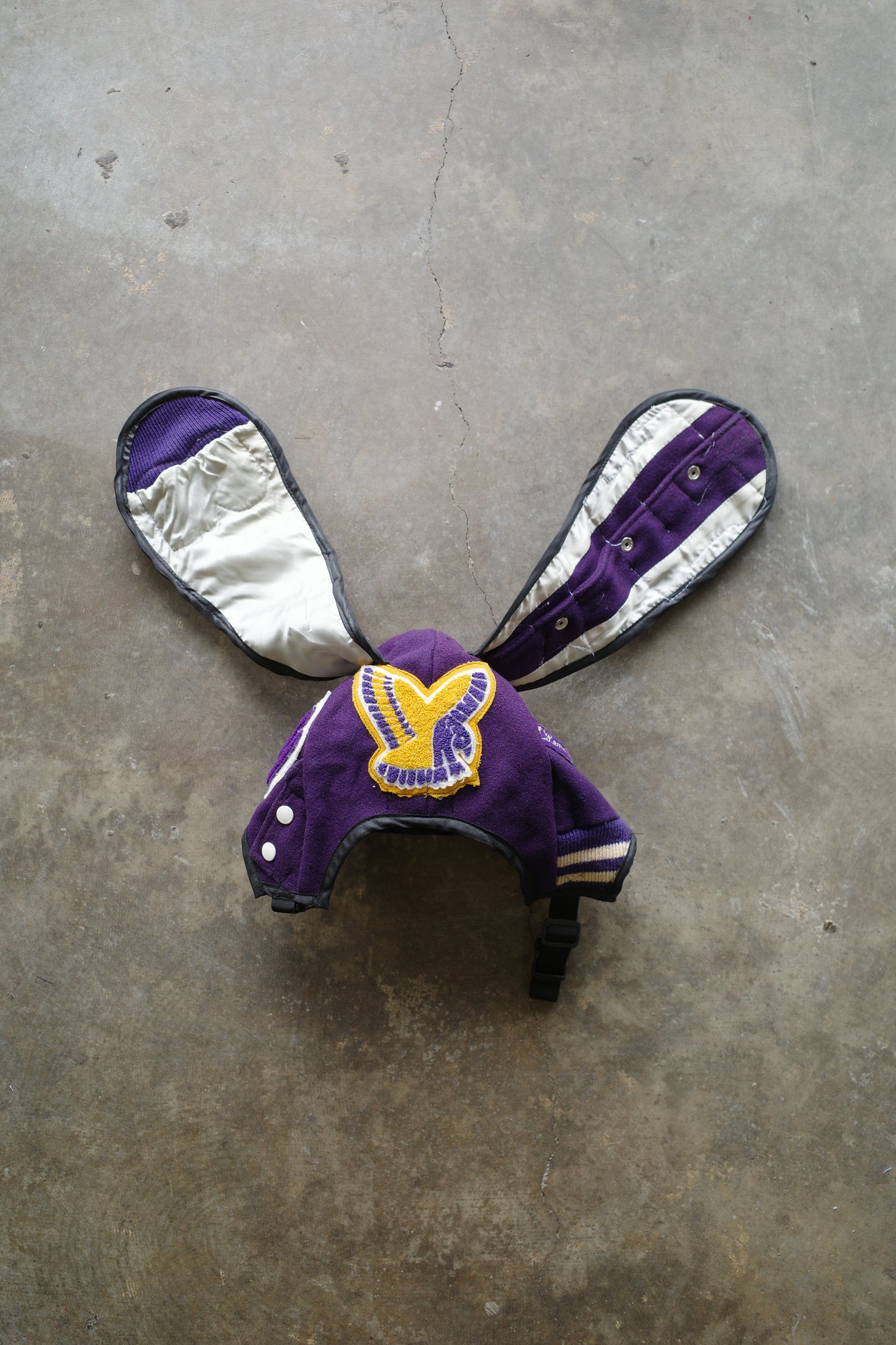 nag nag Bunny Ear Hat made with vintage Varsity Jacket and Patches