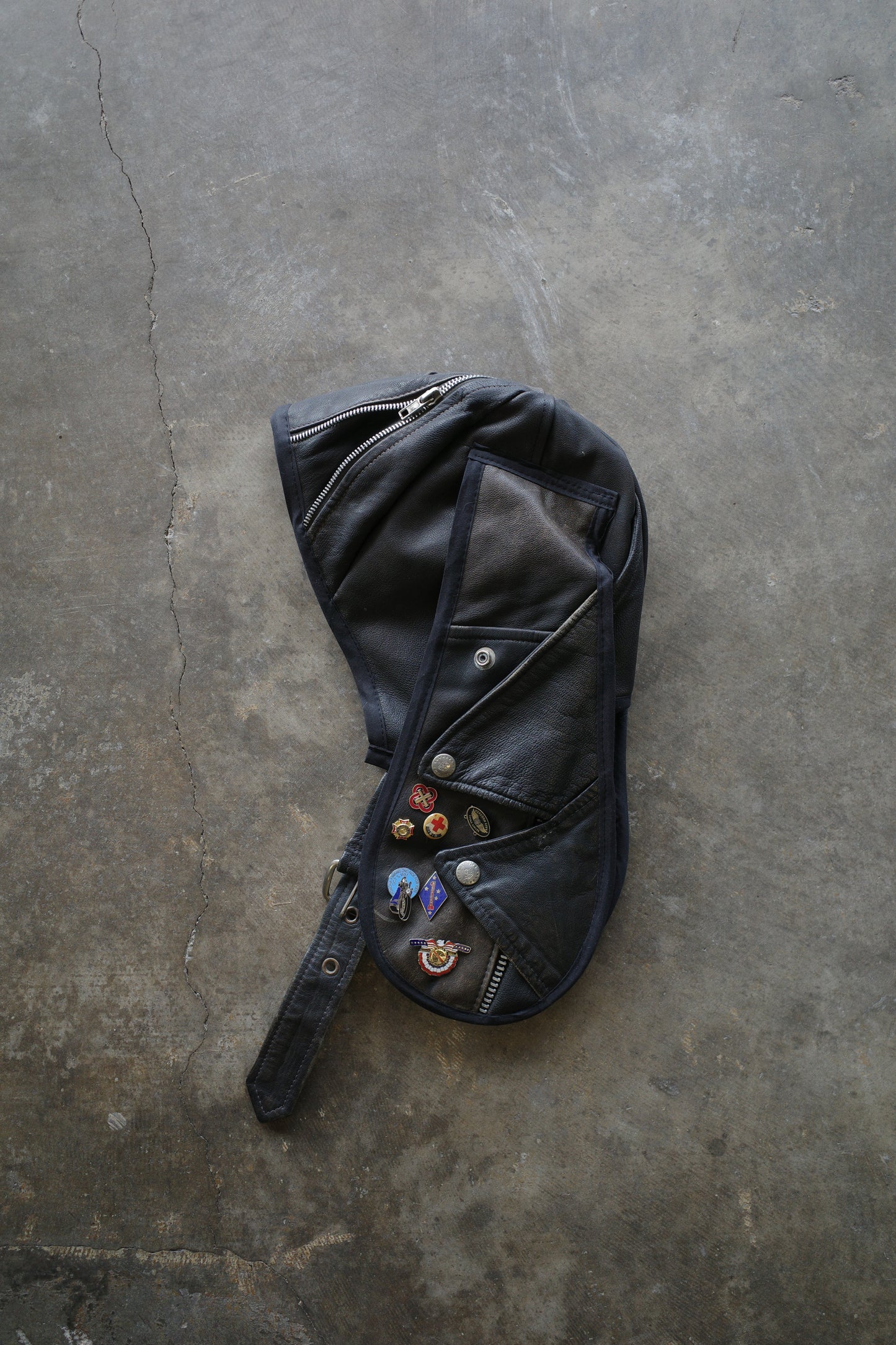 nag nag Bunny Ear Hat made with vintage  Leather Biker  jacket w pins