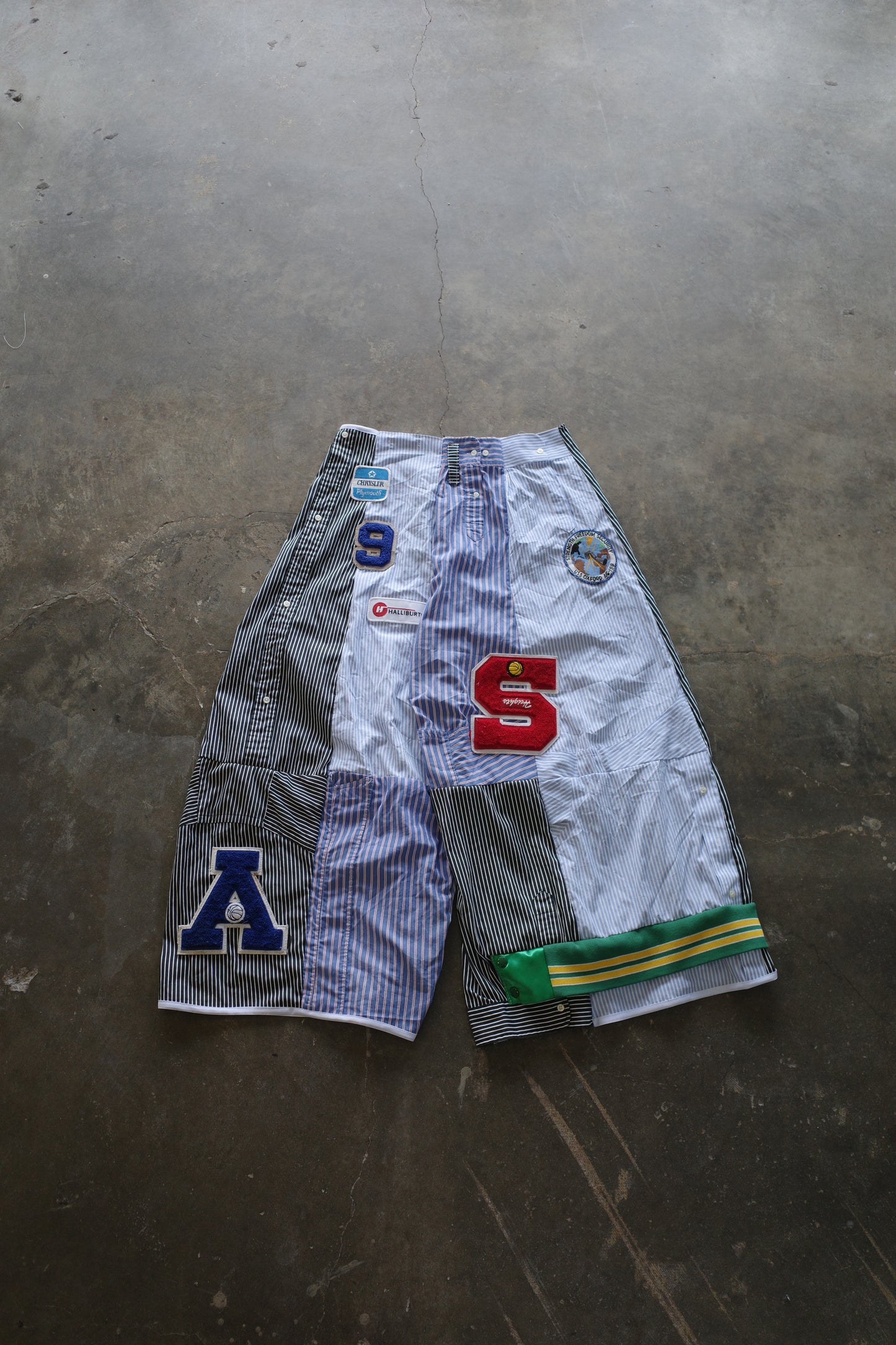 Wide Legged Patched Pants(L) /  made with vintage mens striped shirt w vintage patches