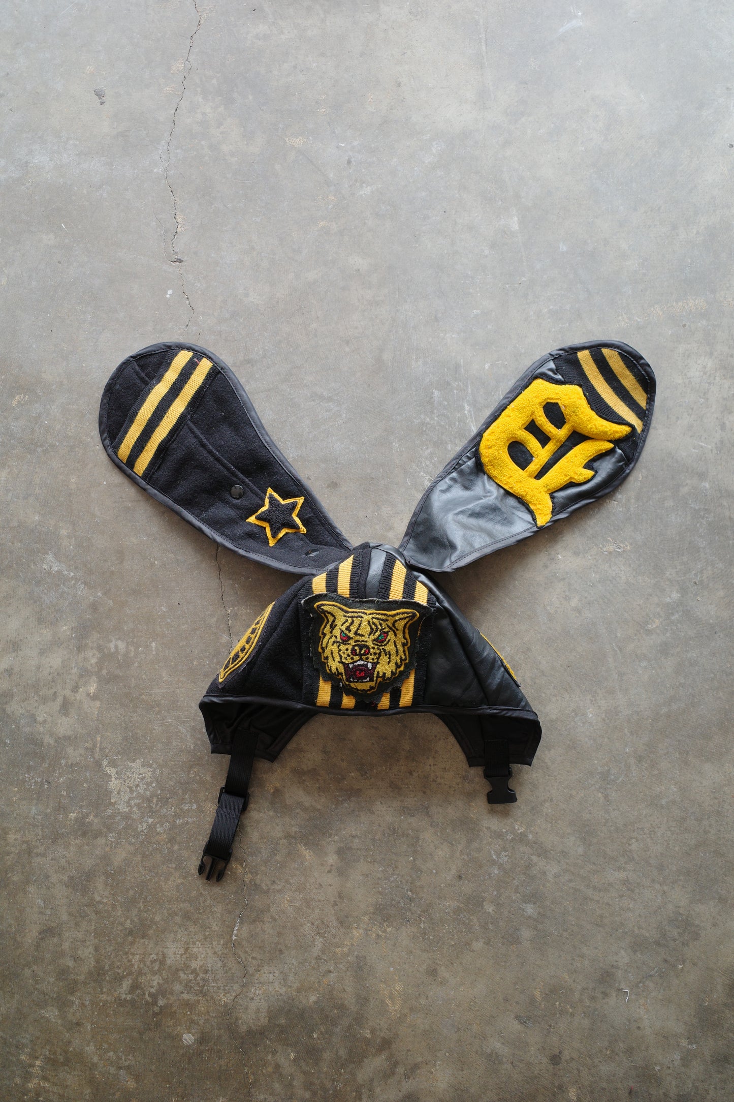 nag nag Bunny Ear Hat made with vintage Varsity Jacket and Patches