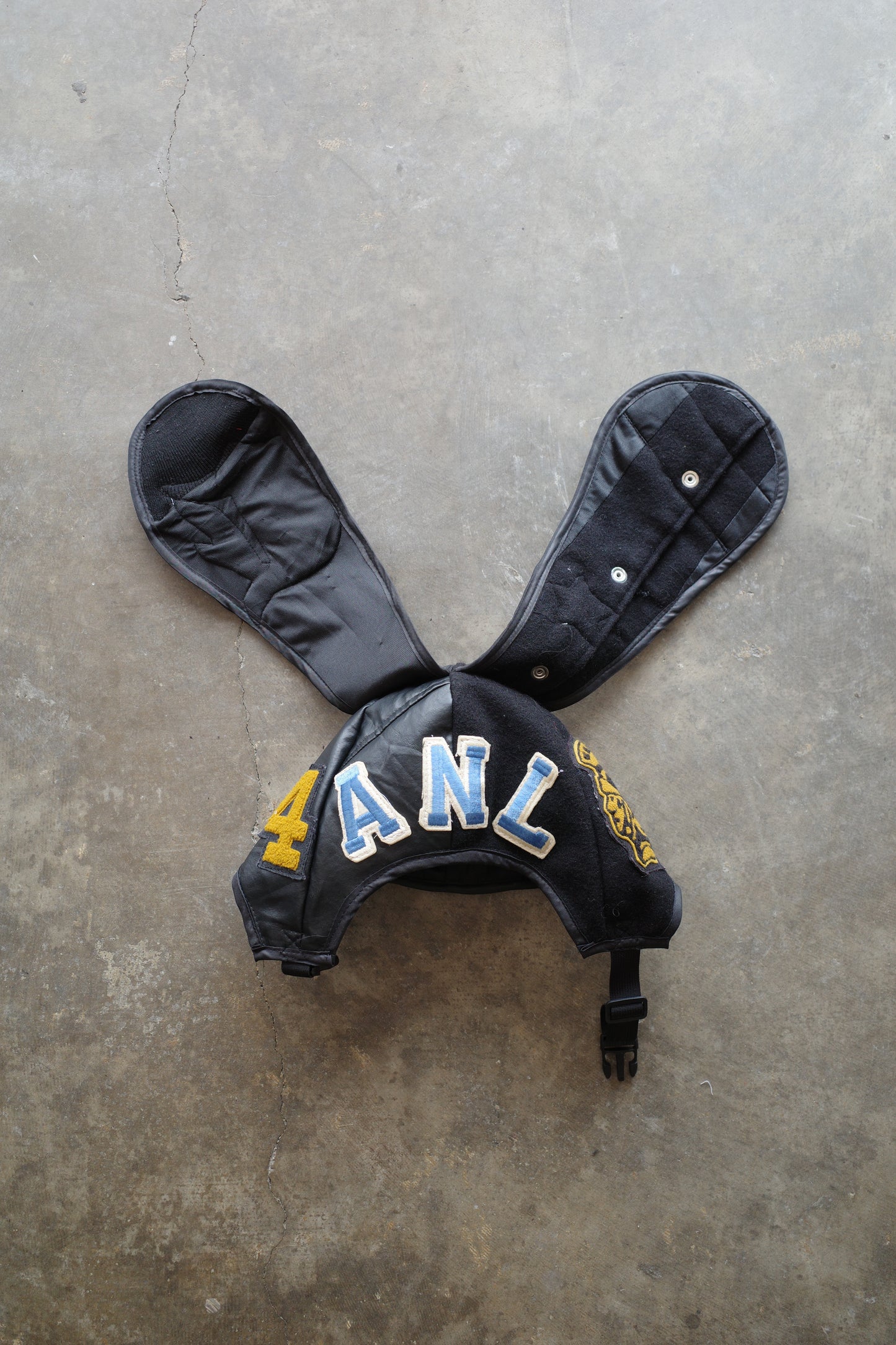 nag nag Bunny Ear Hat made with vintage Varsity Jacket and Patches
