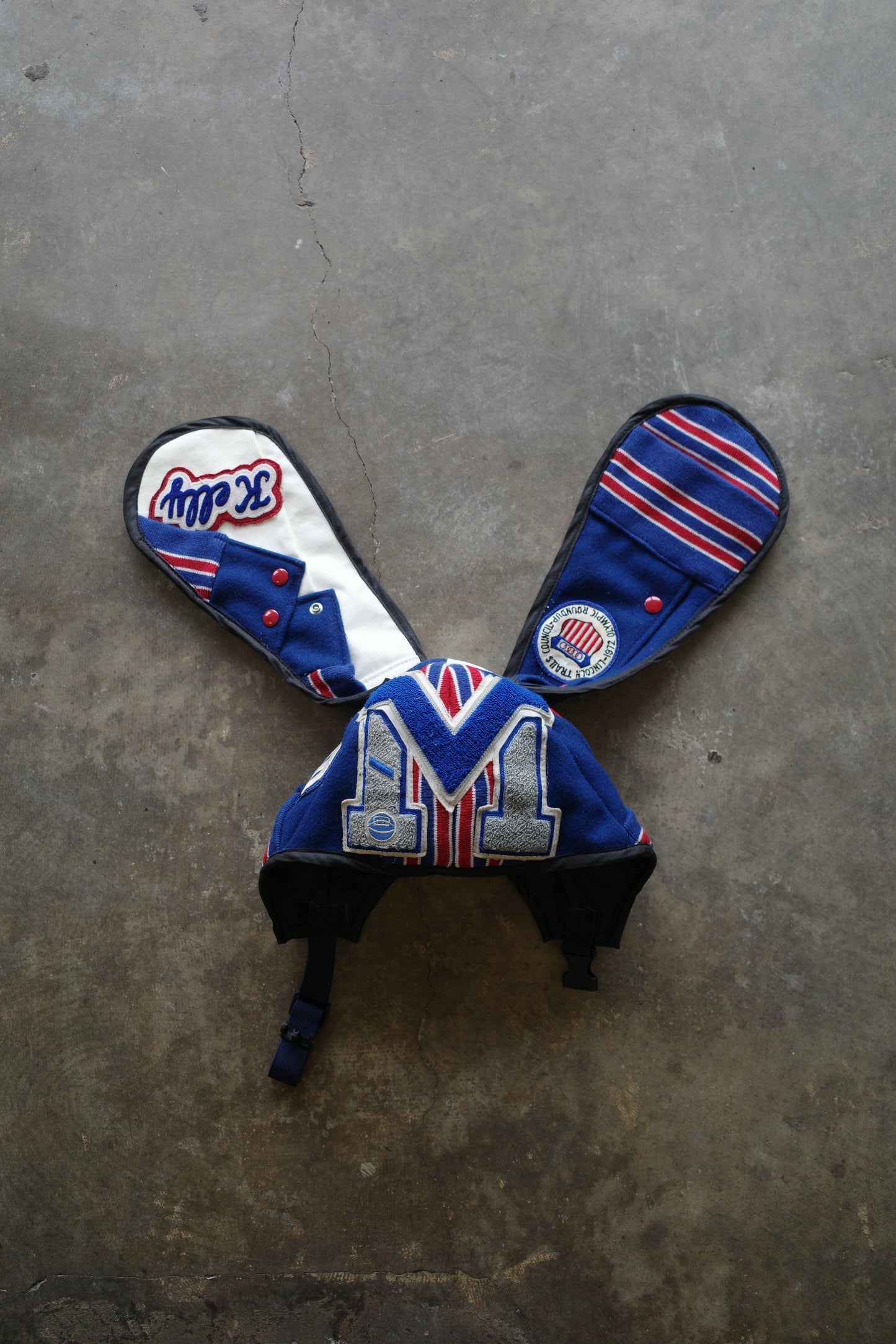 nag nag Bunny Ear Hat made with vintage Varsity Jacket and Patches