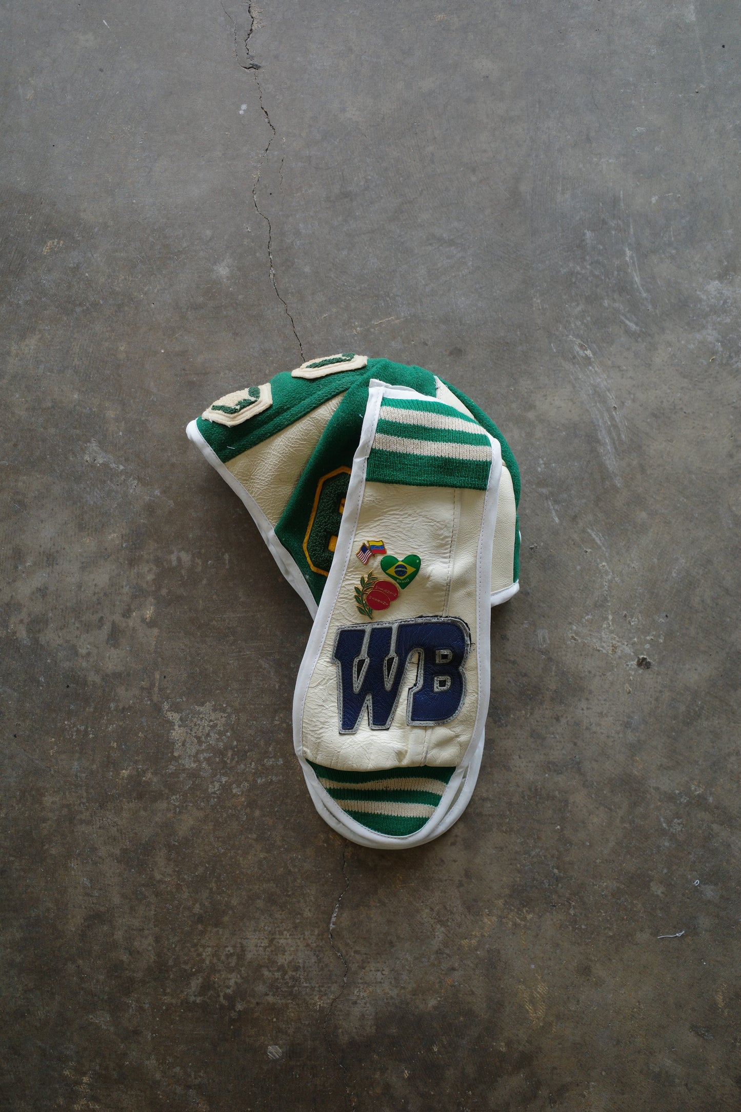 nag nag Bunny Ear Hat made with vintage Varsity Jacket and Patches&Pins