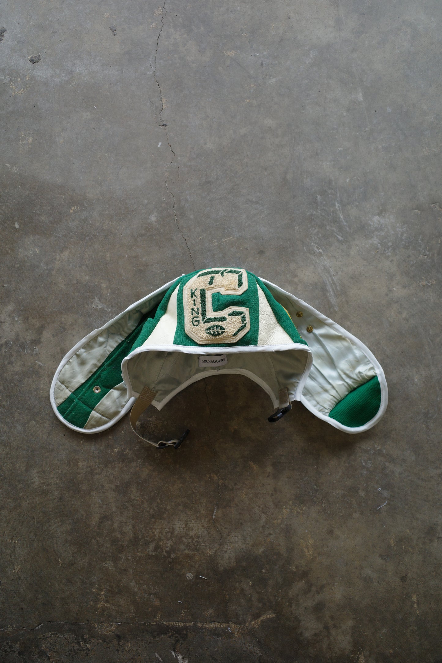 nag nag Bunny Ear Hat made with vintage Varsity Jacket and Patches&Pins