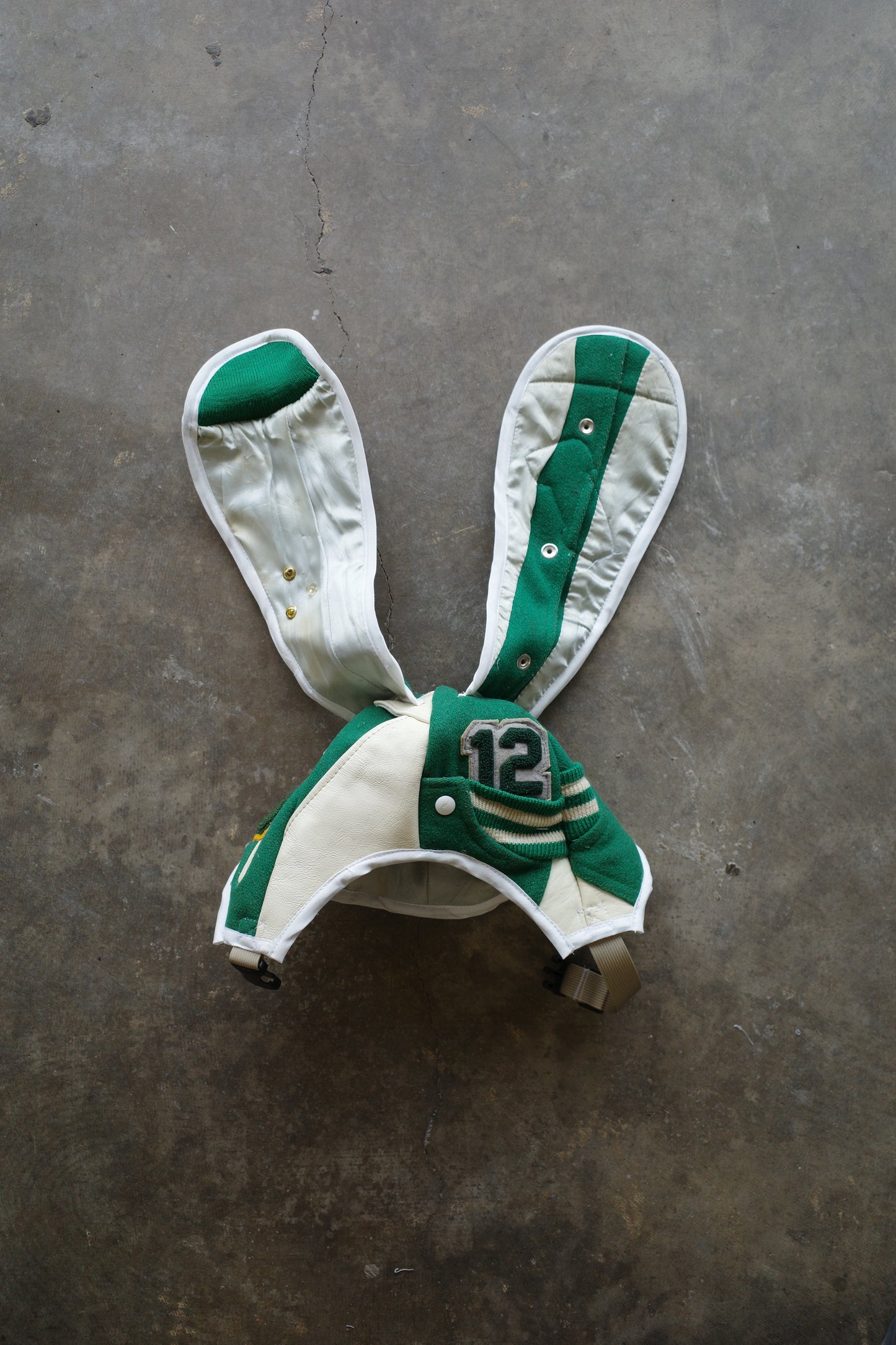 nag nag Bunny Ear Hat made with vintage Varsity Jacket and Patches&Pins