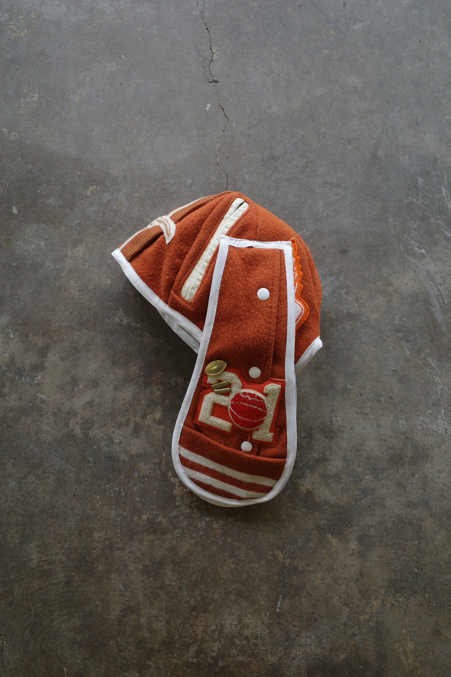 nag nag Bunny Ear Hat made with vintage Varsity Jacket and Patches&Pins