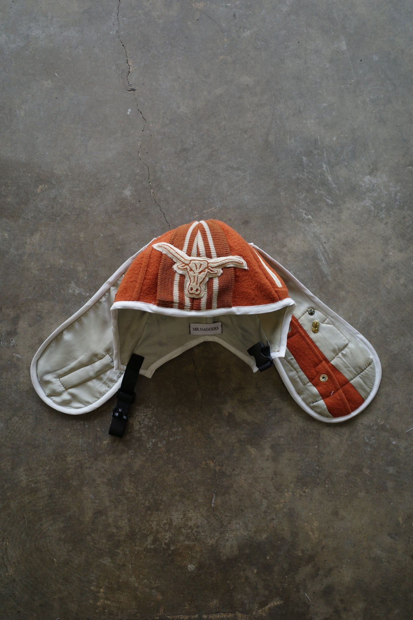 nag nag Bunny Ear Hat made with vintage Varsity Jacket and Patches&Pins