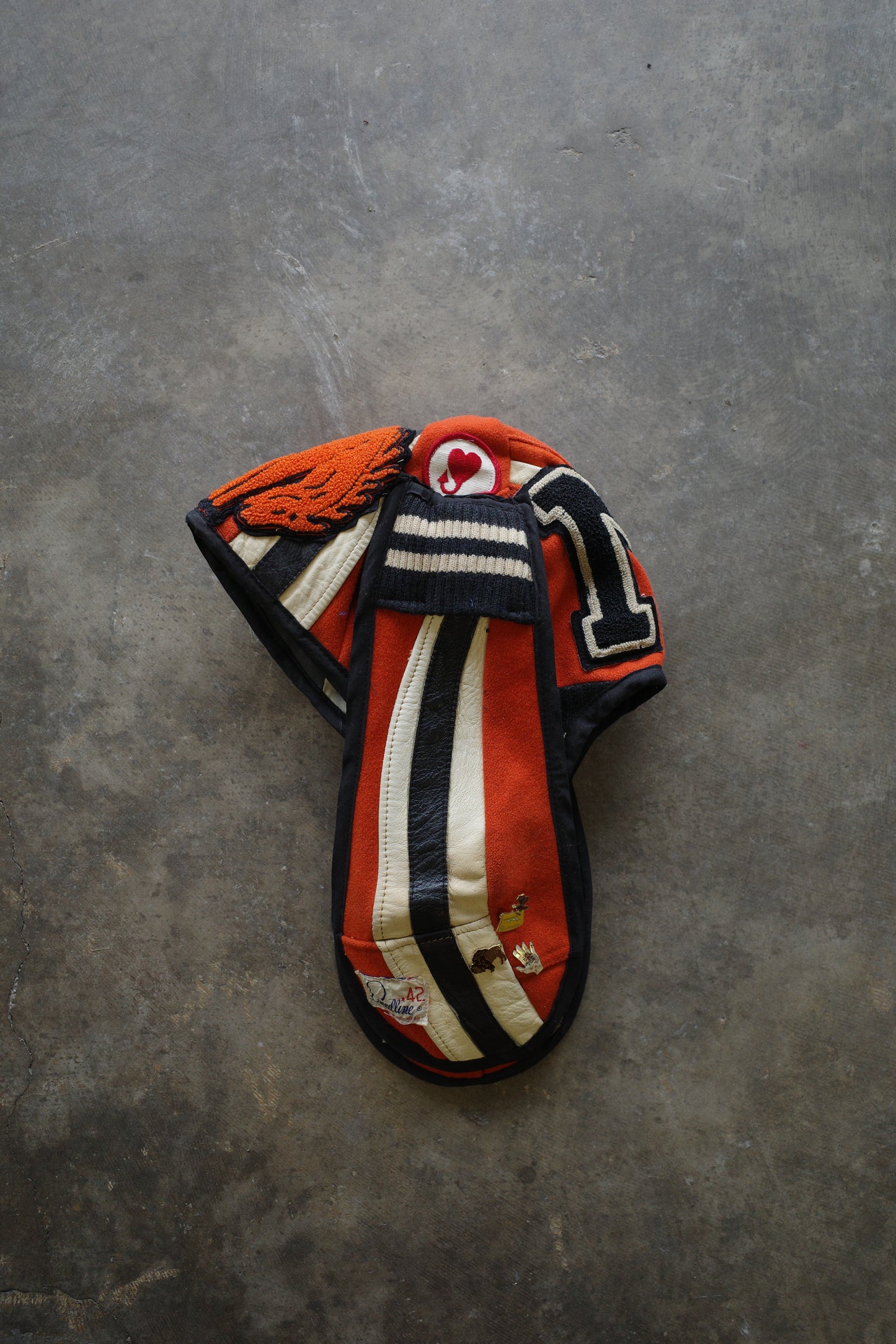 nag nag Bunny Ear Hat made with vintage Varsity Jacket and Patches and pins