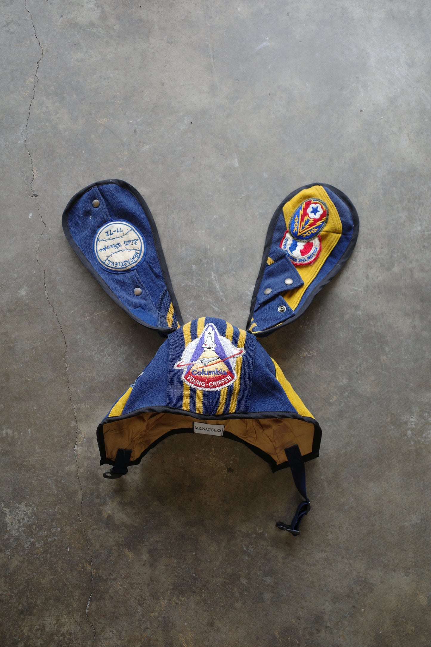 nag nag Bunny Ear Hat made with vintage Varsity Jacket and Patches