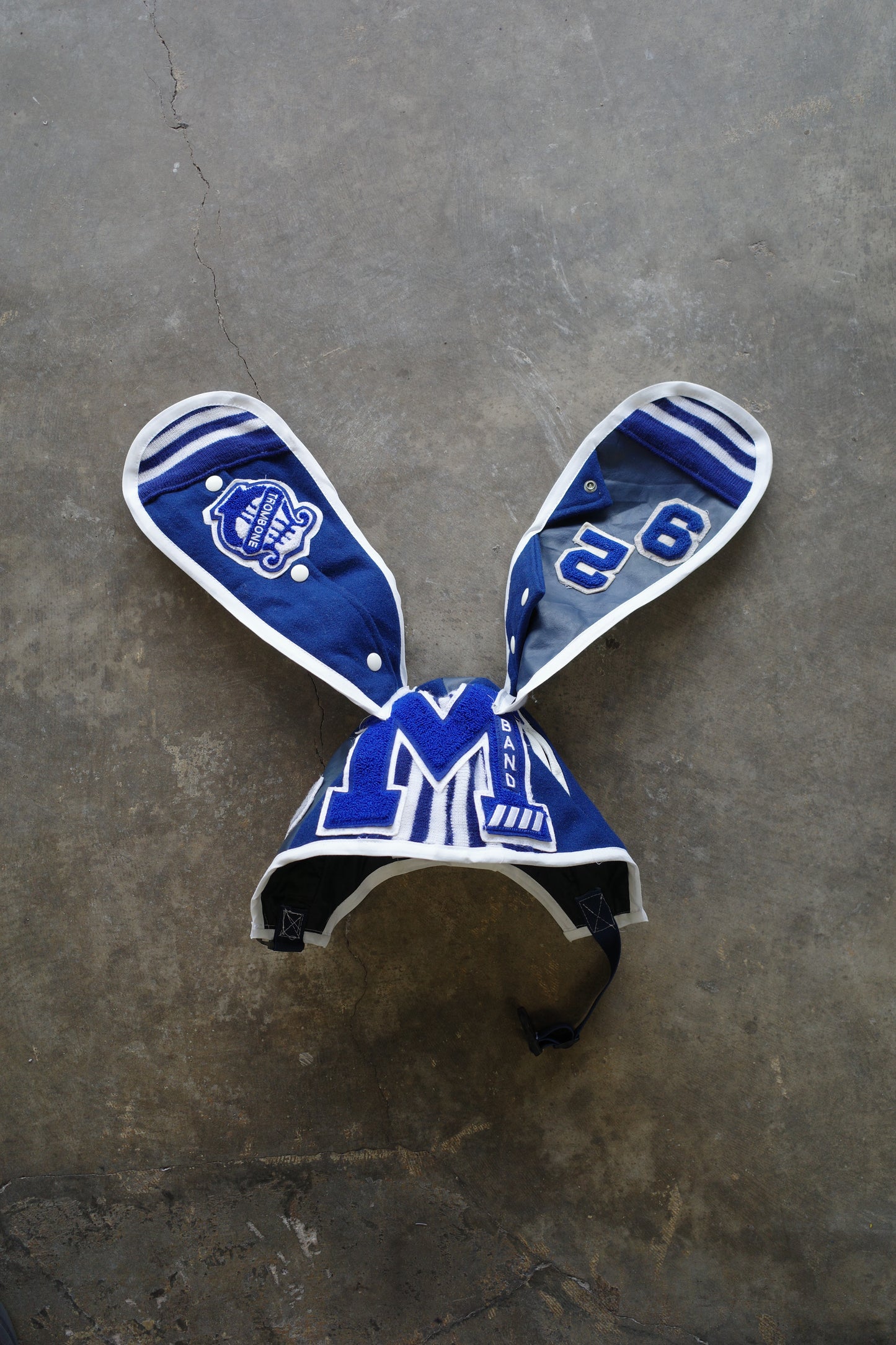 nag nag Bunny Ear Hat made with vintage Varsity Jacket and Patches